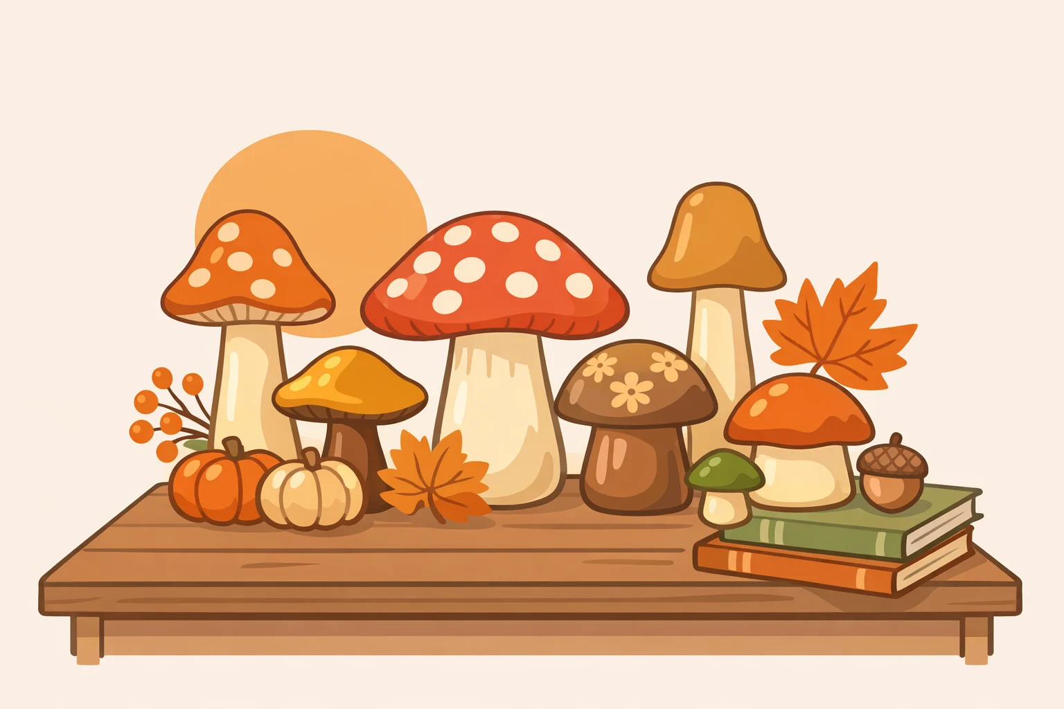 Illustration of a cozy tabletop fall scene using IKEA 70s fall decor styling with HÖSTAGILLE ceramic mushrooms arranged to show mixed forms and warm tones