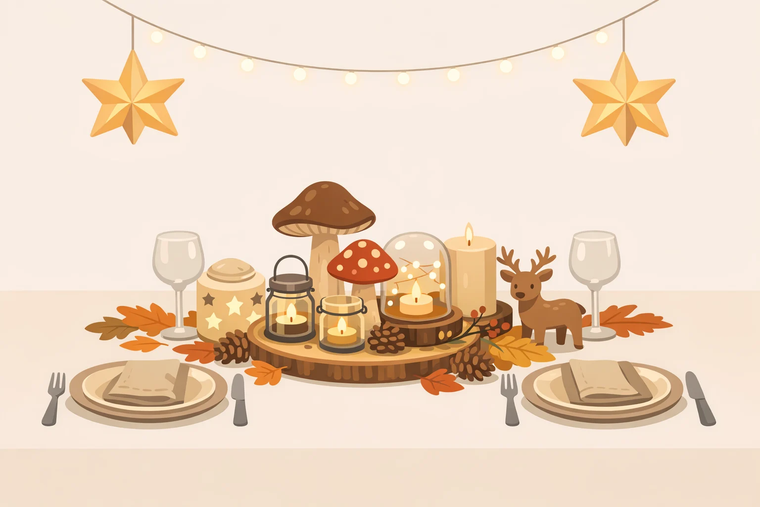 Illustration of an IKEA 2026 autumn table vignette featuring warm mood lighting, mushroom and foliage elements, and a fairy-tale woods atmosphere