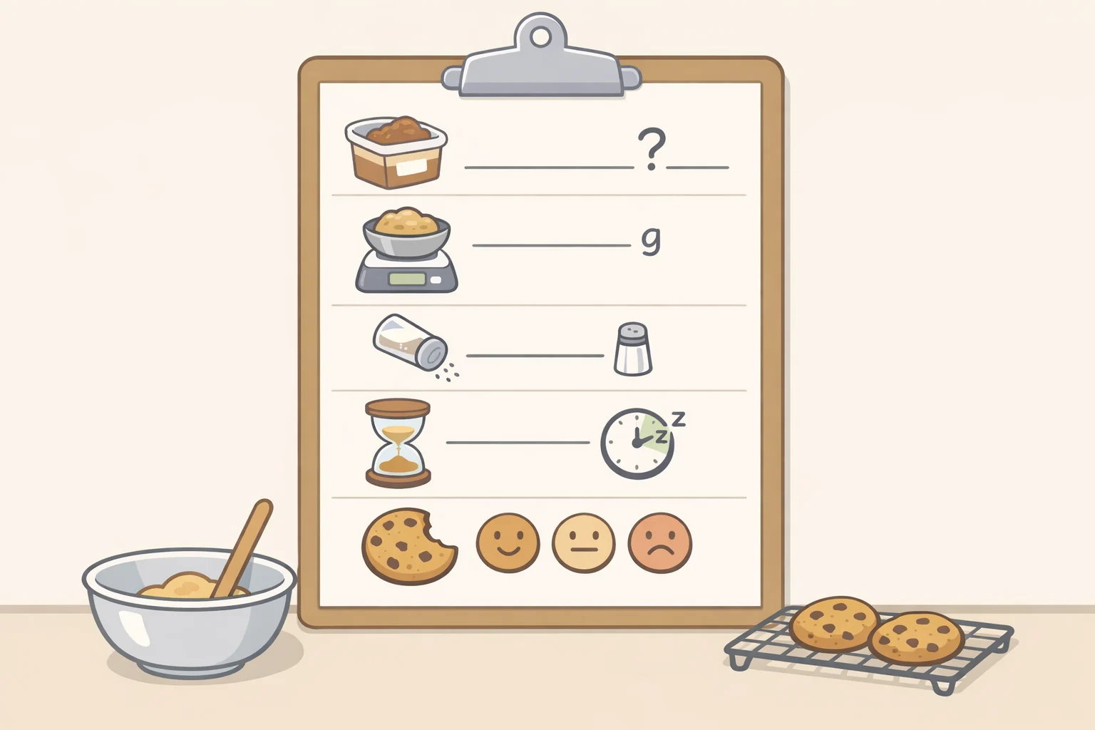 A recipe notebook page showing logged test-batch variablesmiso type and brand, miso weight, flour weight, salt amount, chill time, and observations on saltiness, spread, and chewfor tracking progress on a miso cookie dough