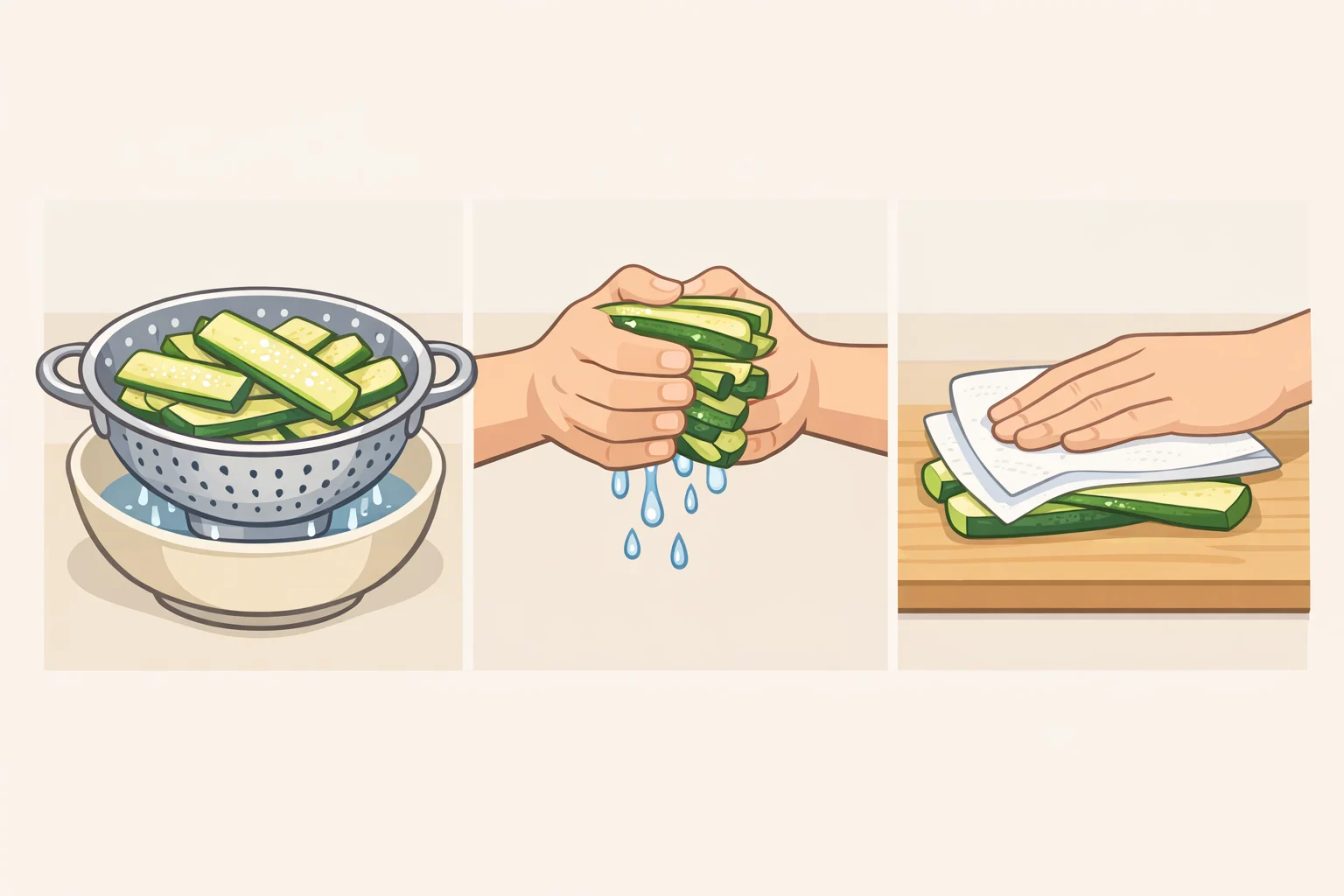Illustration of sliced zucchini planks salted and draining in a colander, then being patted dry on both sides to support how to keep zucchini lasagna from getting watery