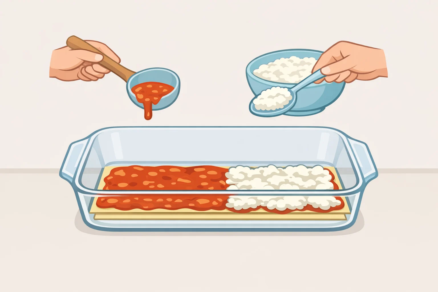 Illustration of lasagna assembly in a baking dish showing controlled amounts of sauce and ricotta per layer to prevent watery pooling