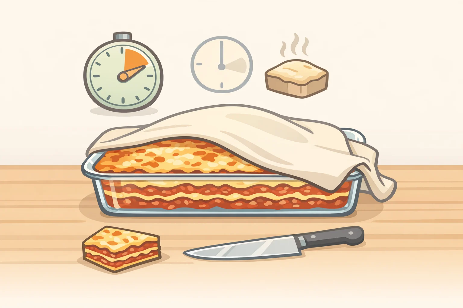 Illustration of zucchini lasagna fresh from the oven resting on a counter for clean slicing instead of releasing a watery puddle