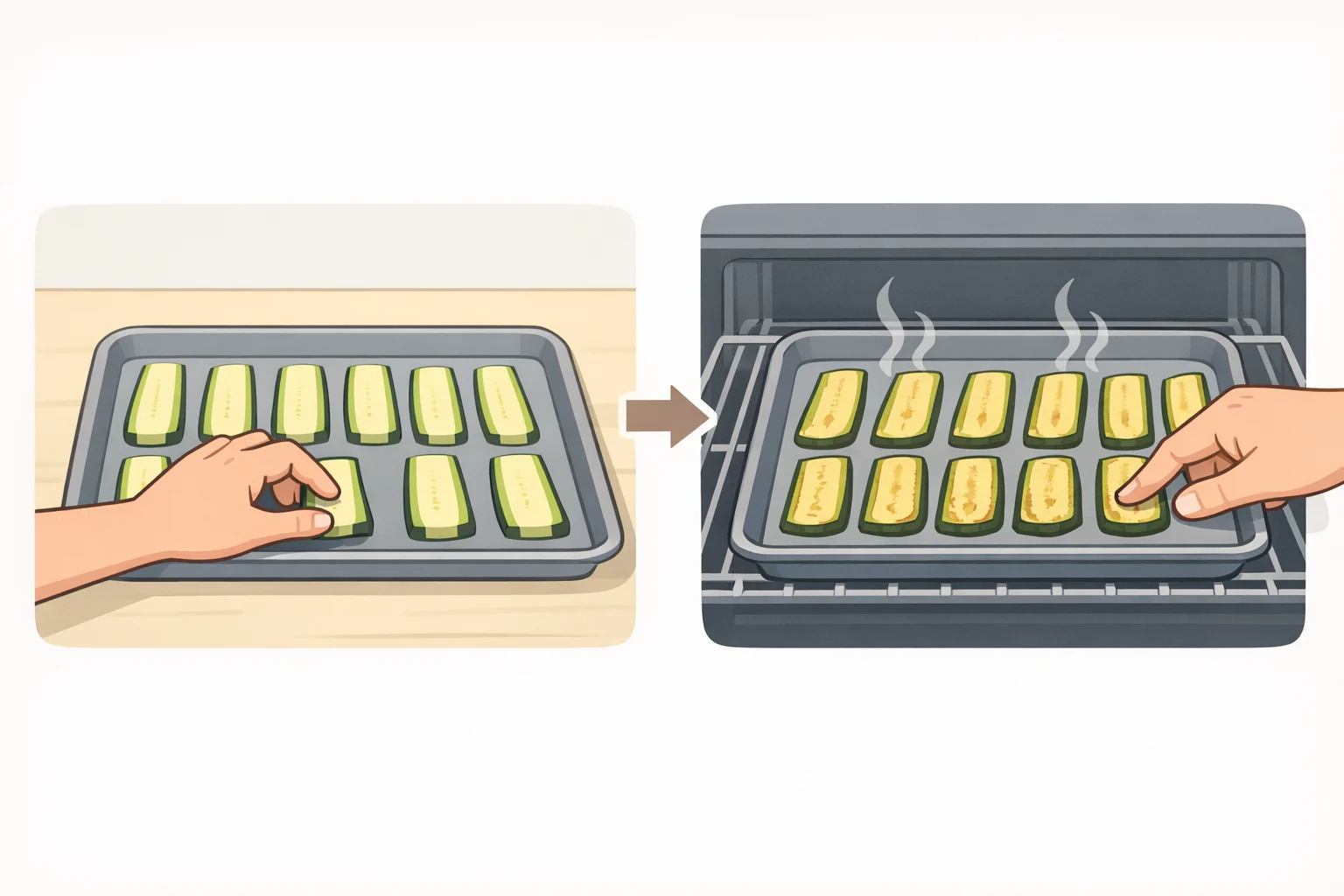 Illustration of zucchini planks arranged in a single layer on a parchment-lined sheet pan with space between pieces, showing where they should roast to drive off moisture