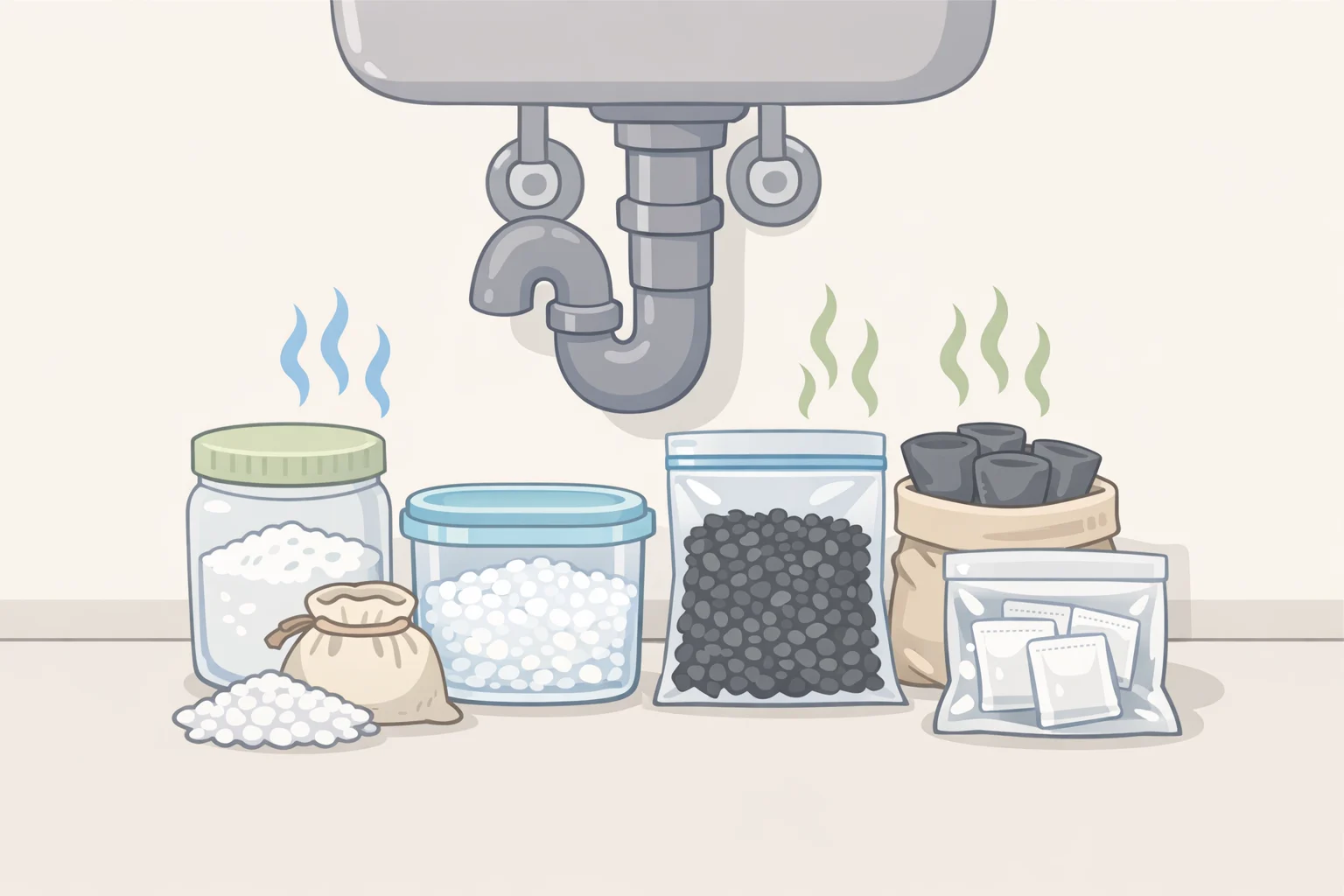 Illustration of paper towels and rags under the kitchen sink being moved into a sealed plastic container instead of stored loosely—what not to store under kitchen sink cabinets