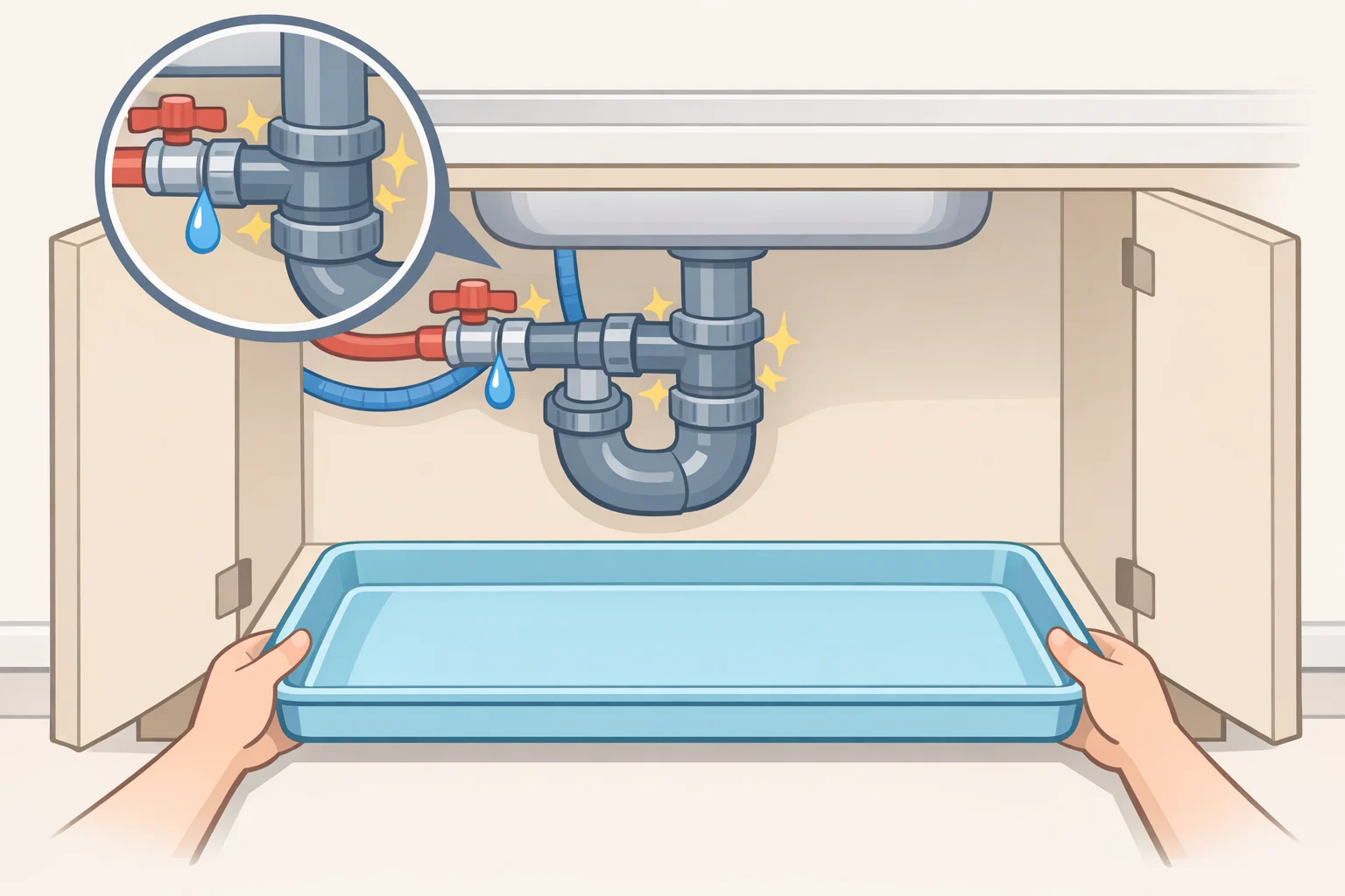Under-sink leak check illustration showing the homeowner examining water supply lines and placing a removable waterproof mat in the cabinet floor to prevent mold