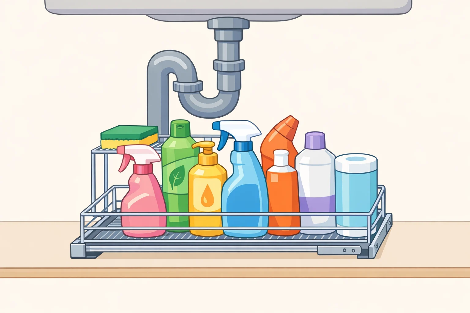 Illustration of a pull-out rack inside an under-sink cabinet holding upright, sealed, originally labeled dish soap, dishwasher pods, scrubbers, and gloves for quick leak detection