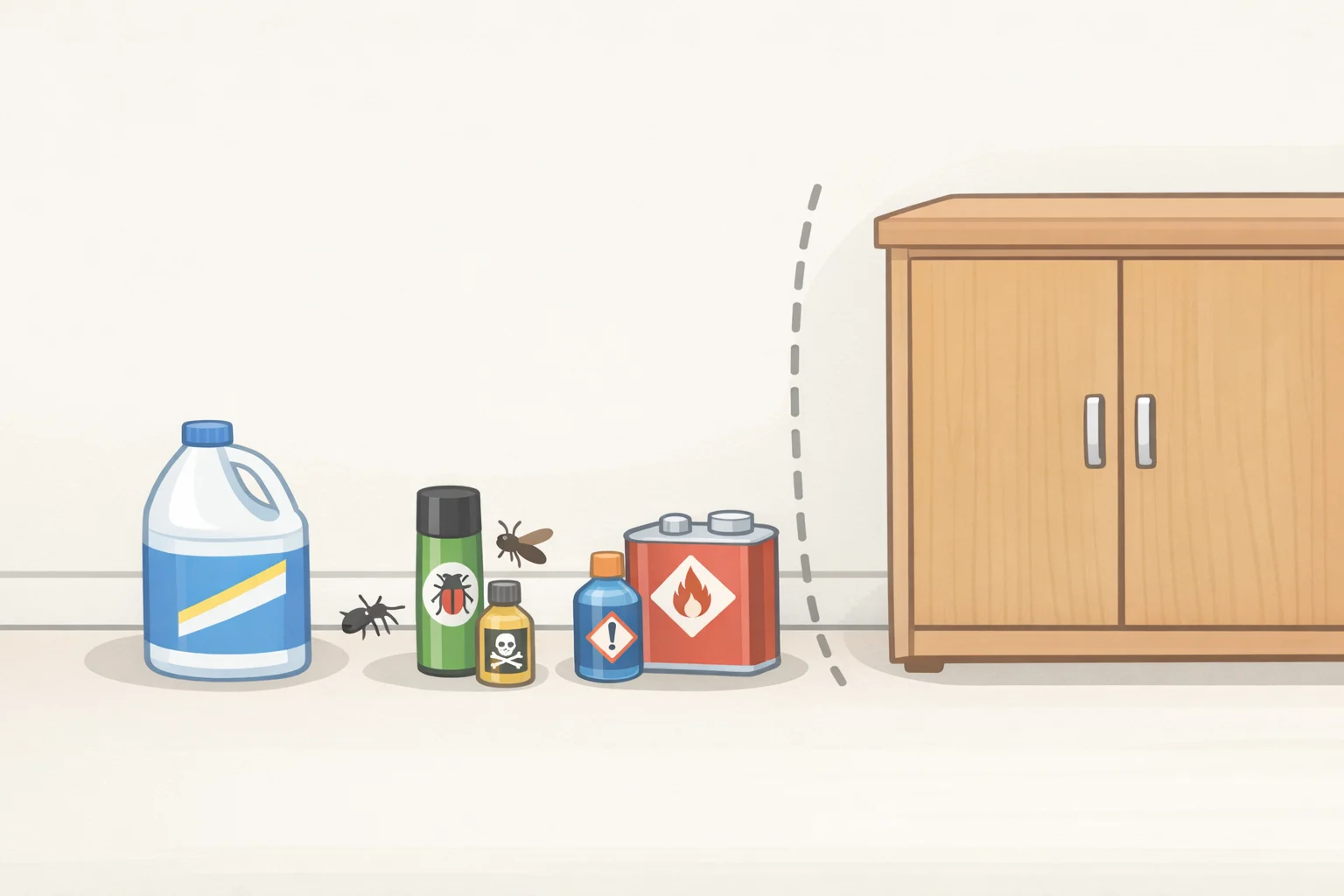 Illustration of bleach, insecticides, and solvents removed from under the kitchen sink and placed in a basement or garage utility area away from heat and food preparation