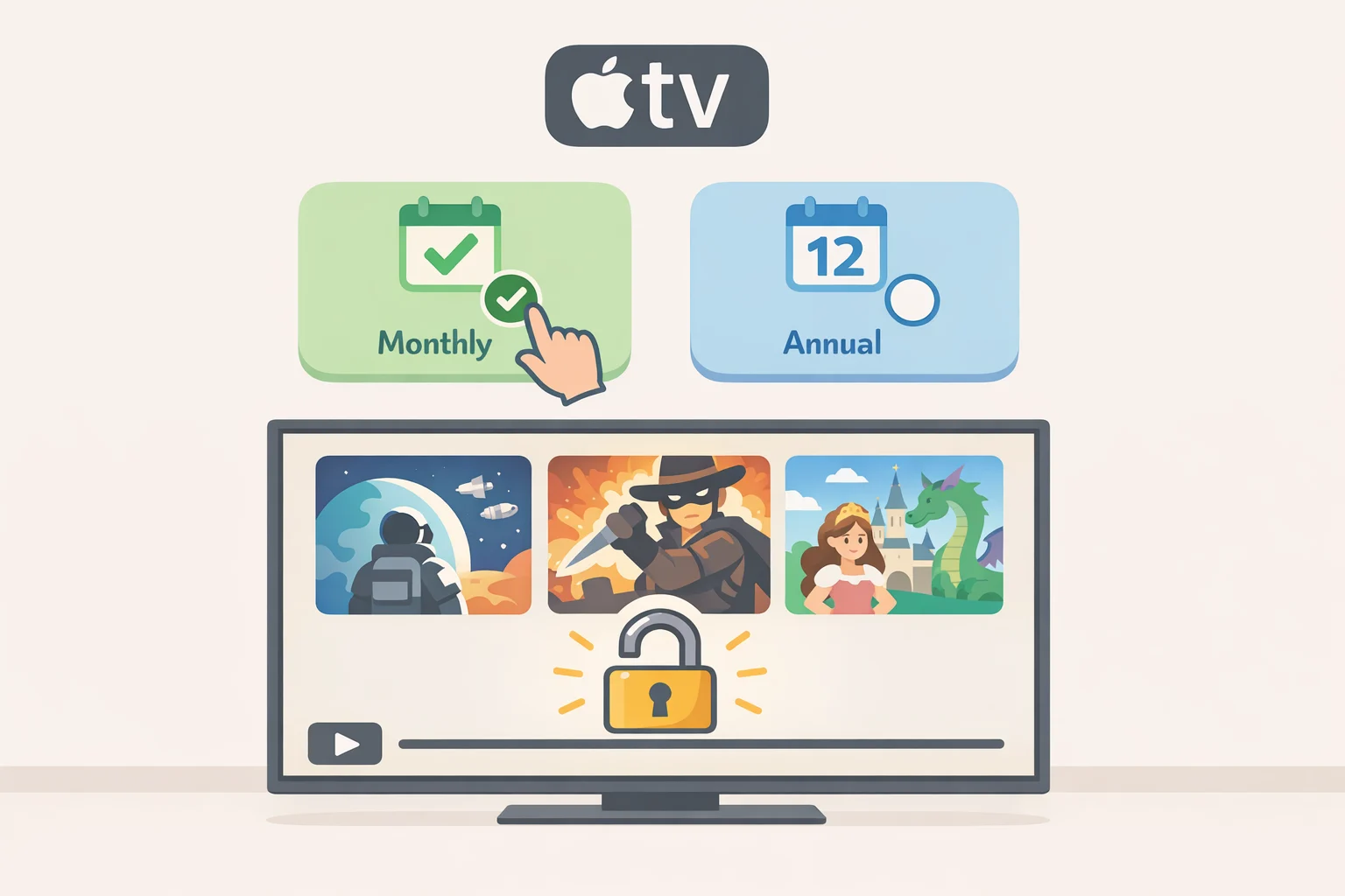 Apple TV subscription pricing page showing $12.99 per month and $99 per year to unlock the rotating licensed movie collection