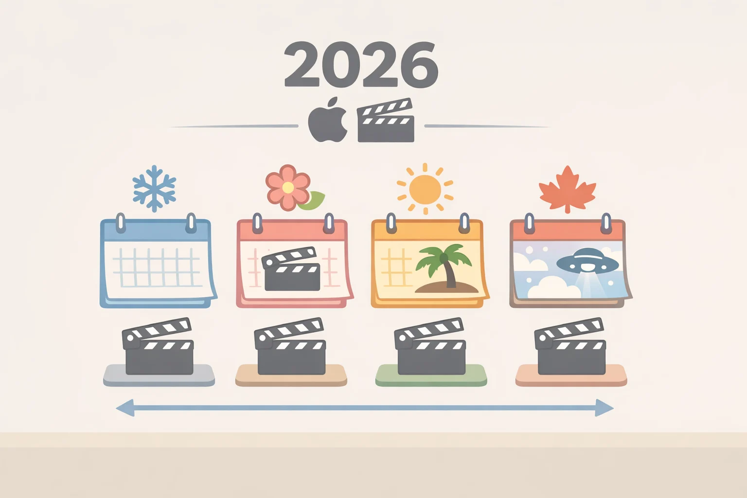 Calendar-style schedule listing Apple original movies for 2026 with release windows for titles like Outcome (April 10) and The Dink (July 24)