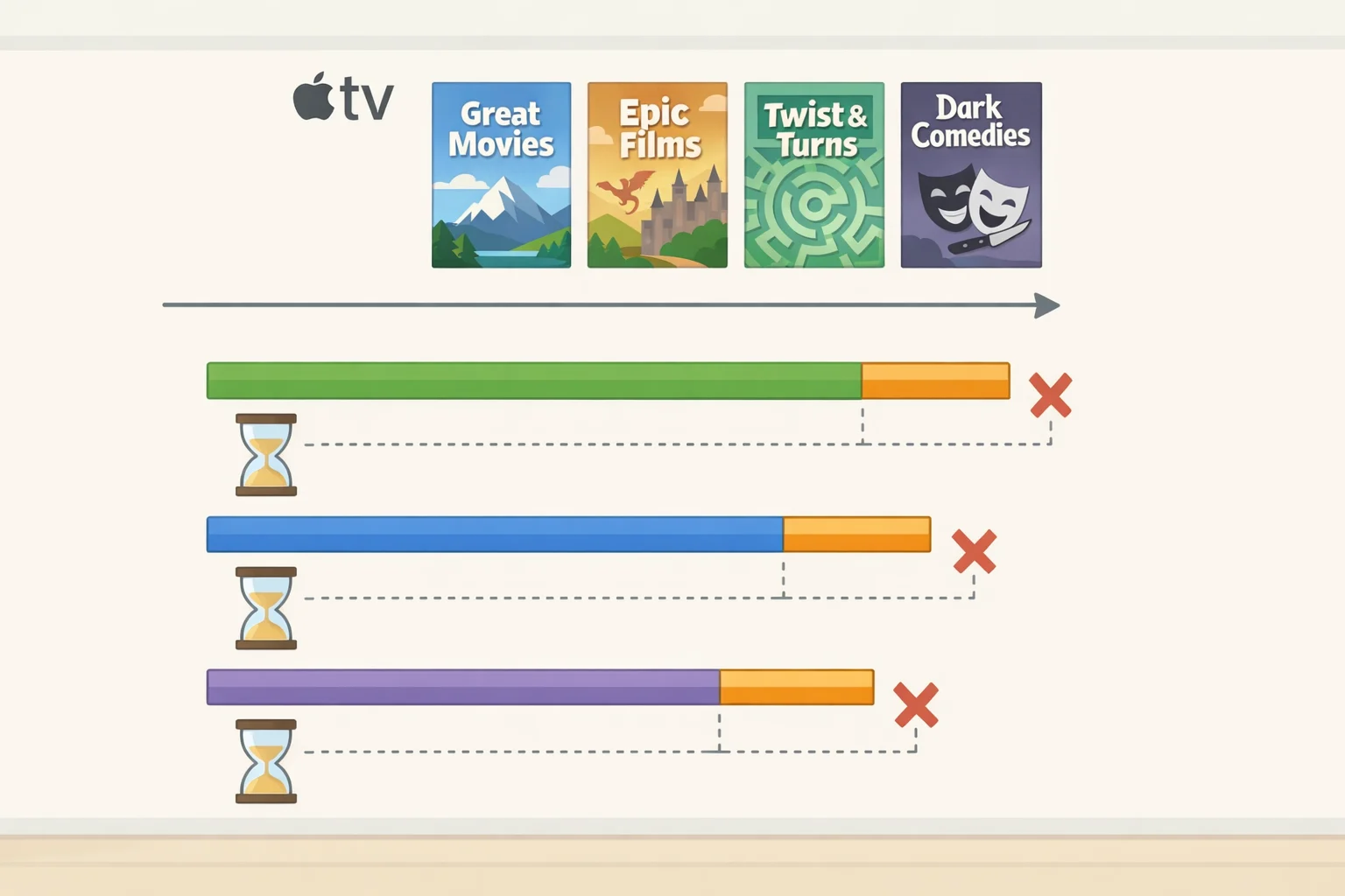 Timeline graphic comparing Apple’s March 2024 and April 2024 licensed “Great Movies on Apple TV+” collections and how they disappeared within weeks