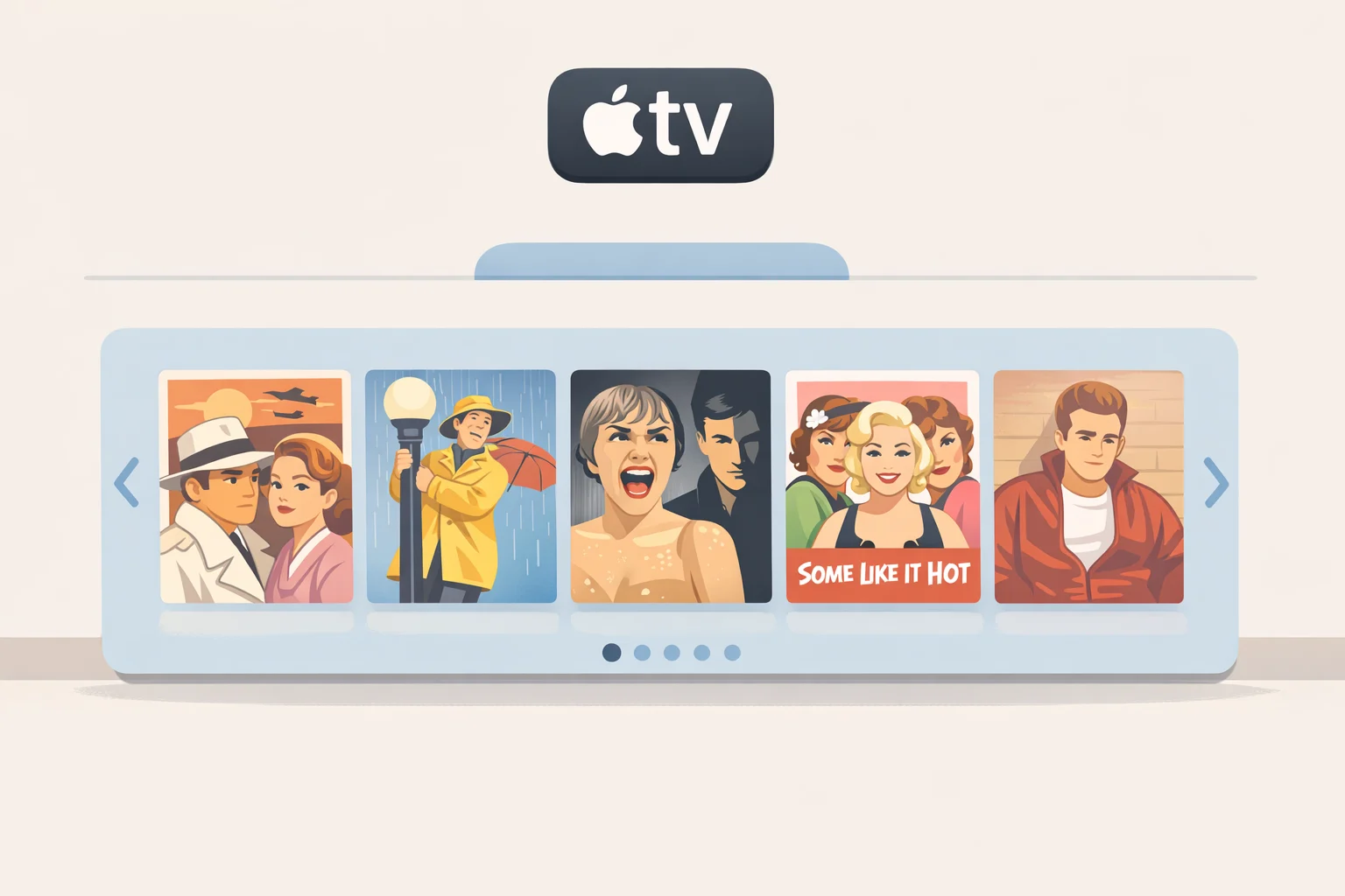 Apple TV app screen with a “Just Added” tag on classic films such as Titanic, E.T., and The Martian in the new carousel for new movies on Apple TV