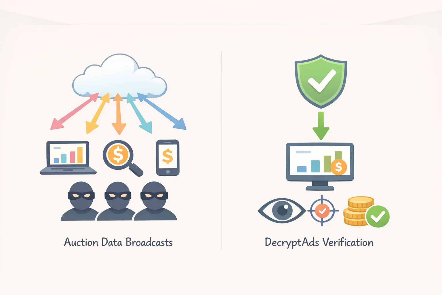 Illustration comparing real-time bidding data broadcasts to a declared partner list, showing that DecryptAds confirms stated relationships in public files but not what data a specific ad actually delivered