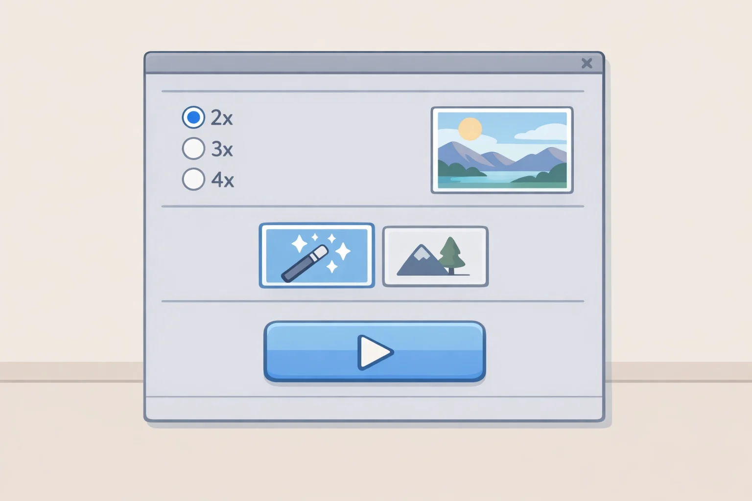 Screenshot-style illustration of Photoshop's Image > Generative Upscale panel with 2x/4x scale selection and model choice for how to upscale a photo in the correct workflow