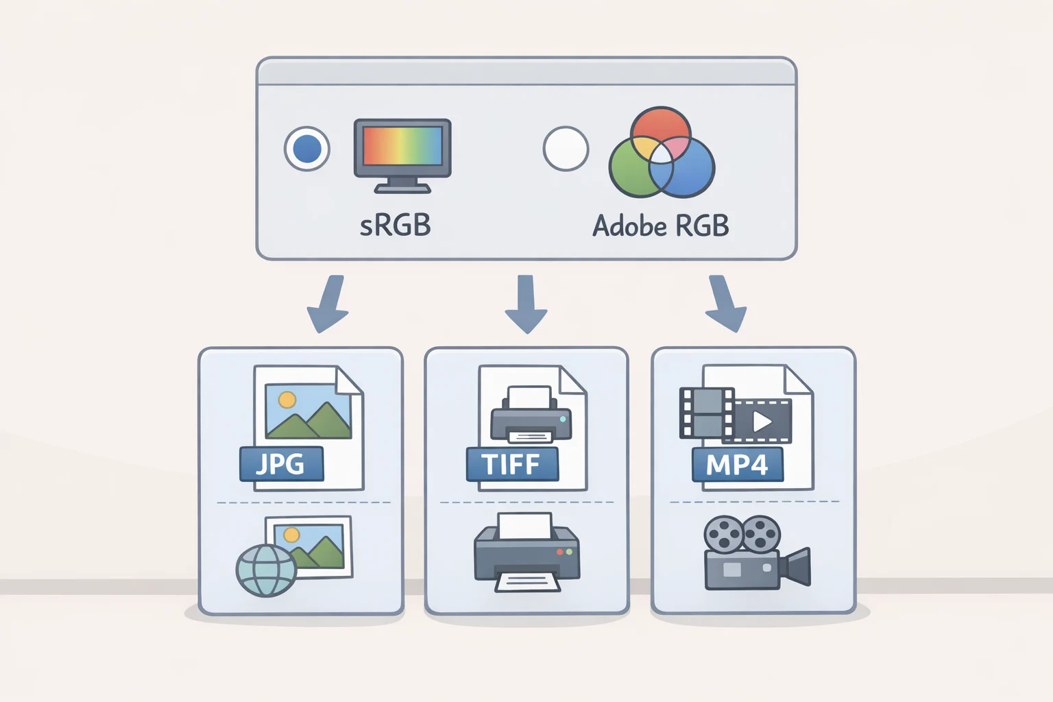 Illustration of an export settings panel showing destination-driven choices like JPEG/WebP for web, TIFF for print, PNG for transparency, and correct sRGB or Adobe RGB color space selection