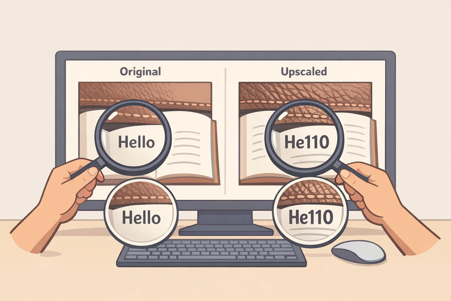 Illustration of a 100% zoom comparison showing original vs upscaled areas where faces, hands, repeating textures, and small text may develop AI artifacts