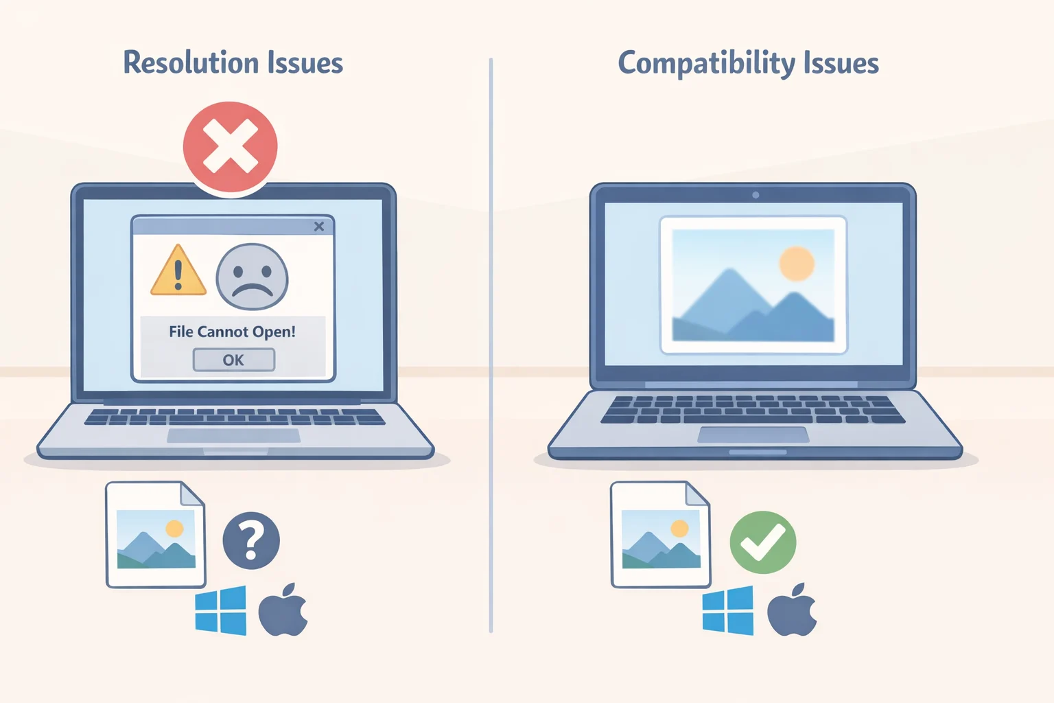 Diagram comparing compatibility failure (file won't open on Windows) versus resolution shortfall (image opens but is too small/soft for printing), illustrating how to decide between converting and upscaling