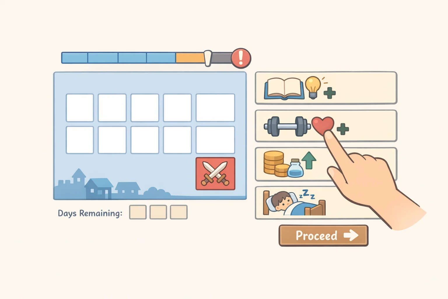 Illustration of Dagsion hub planning with a calendar deadline and options like training, relationship building, and exploration
