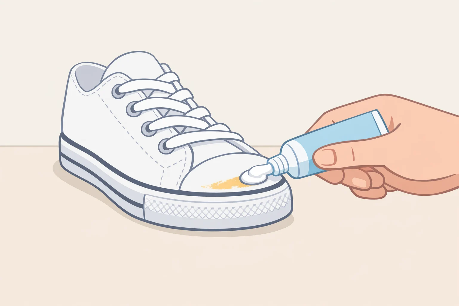 A detailed view of white non-gel toothpaste spread onto a Converse rubber toe cap and foxing tape, left to sit and then ready to be scrubbed with a toothbrush