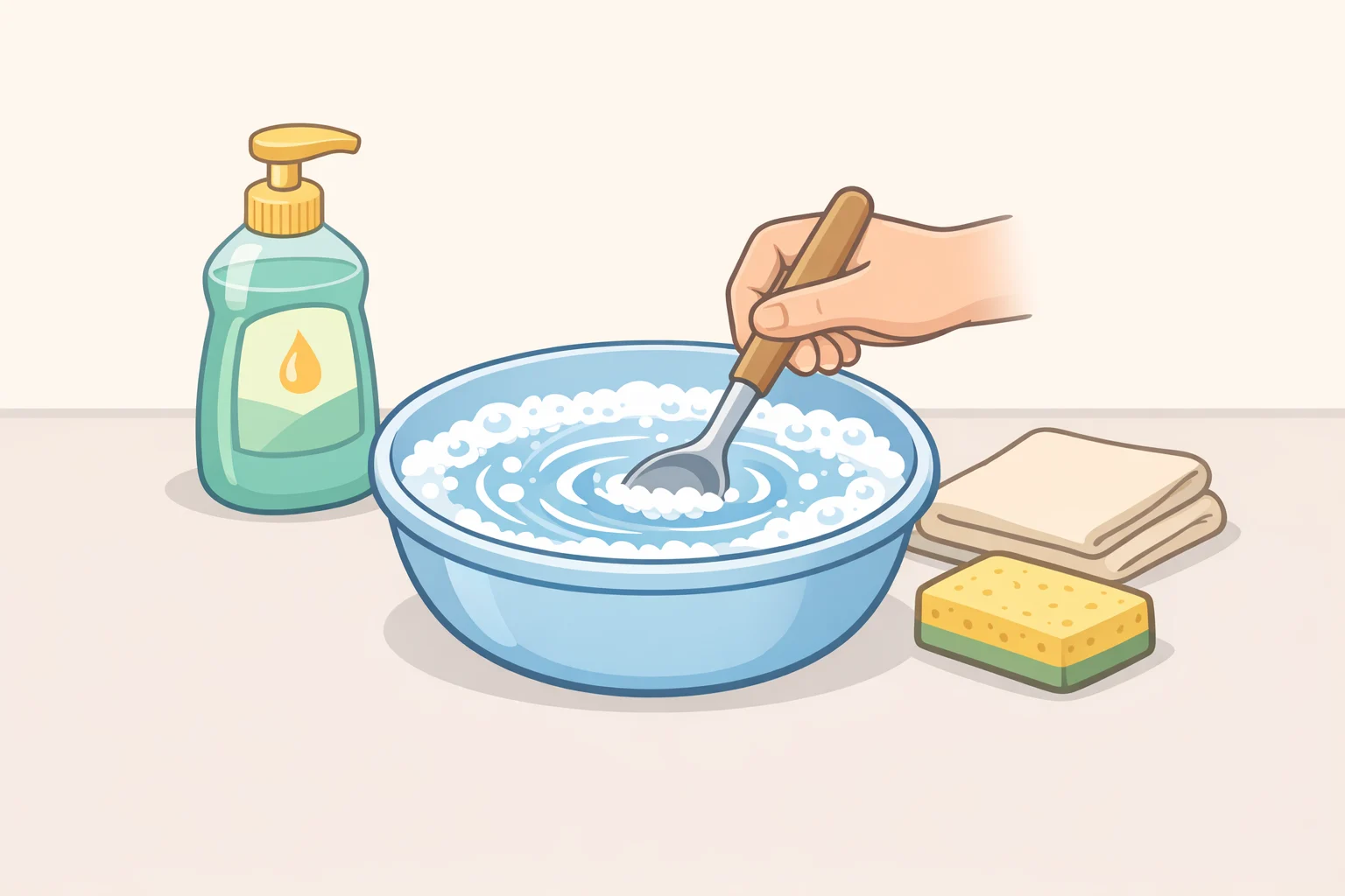 A close-up of a small bowl with mild dish soap and lukewarm water being stirred, showing the soap-water mix used to clean white Converse canvas safely