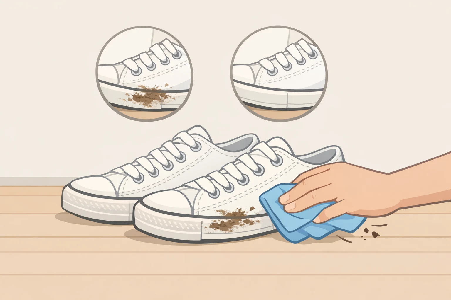 A microfiber cloth quickly wiping fresh dirt off white Converse canvas after a wear, reinforcing how to clean white Converse before stains set in