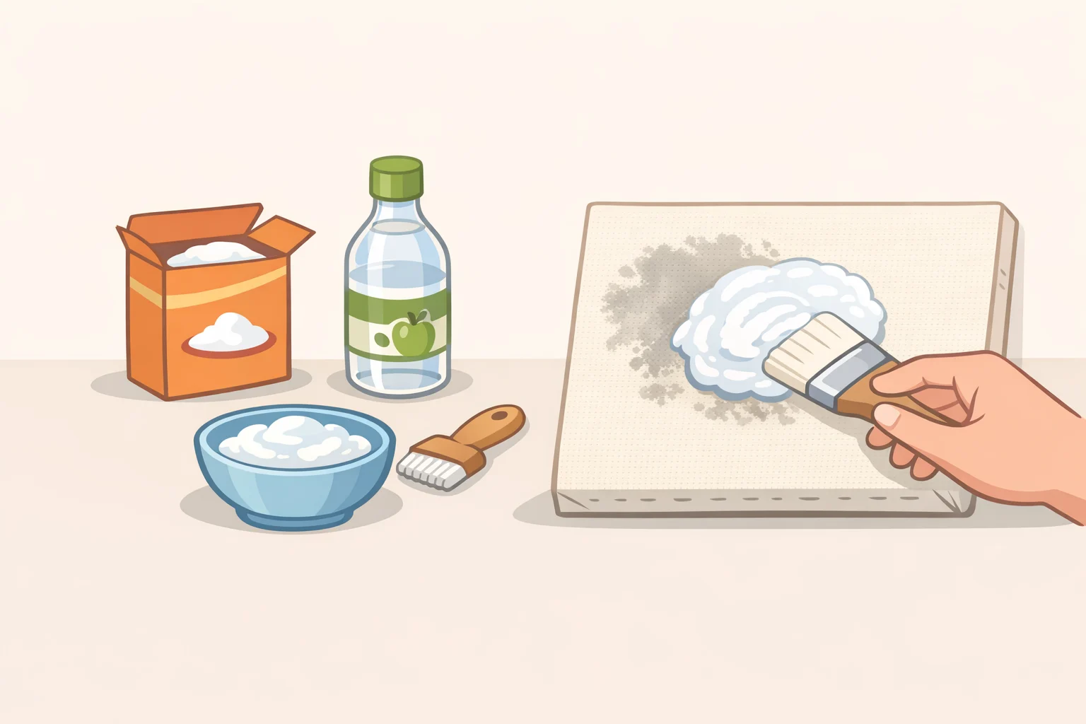 A step-by-step scene of a baking soda, white vinegar, and warm water paste being brushed onto the stained white Converse canvas for brightening