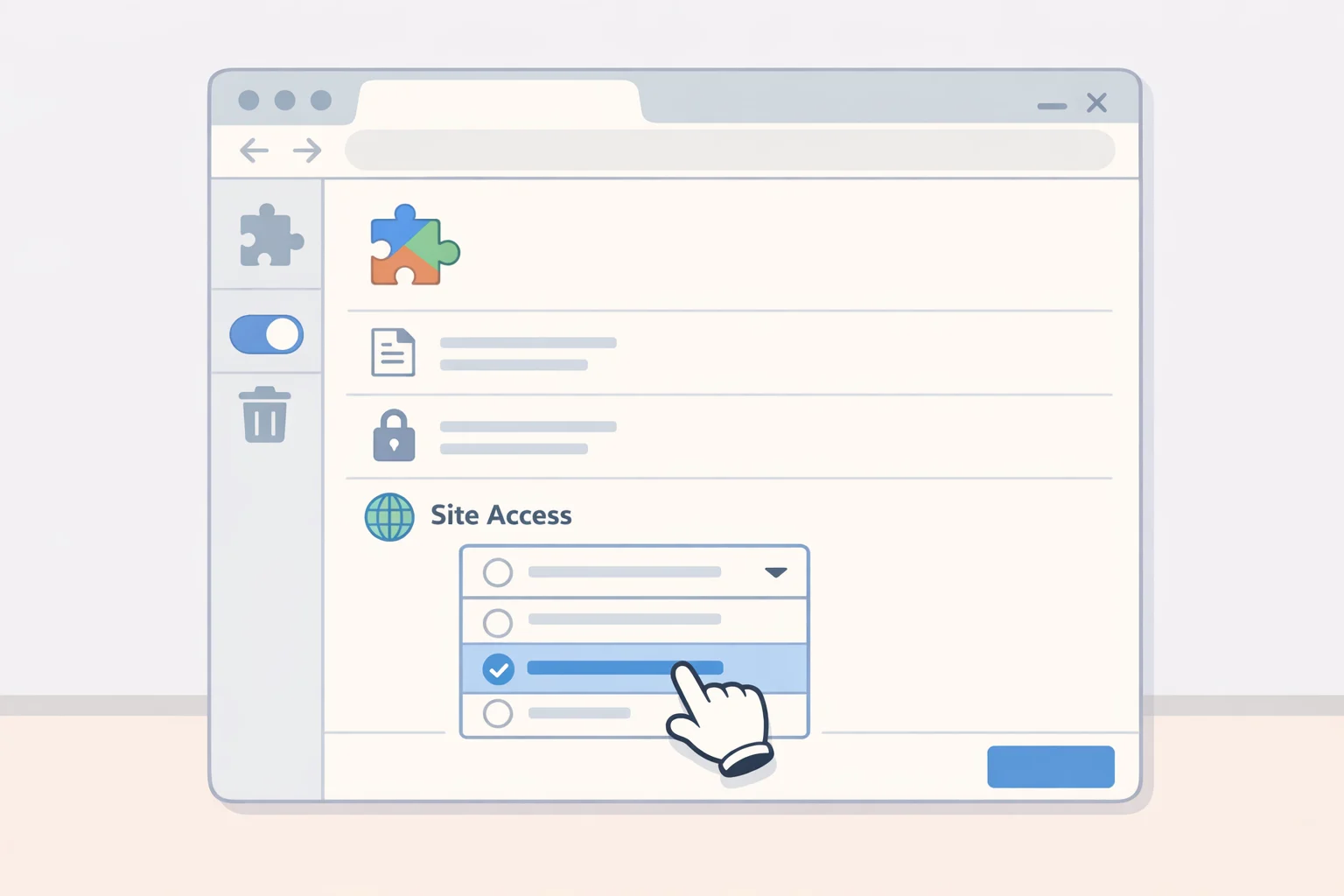 Screenshot-style illustration of chrome://extensions with an extension selected and the Details panel open, highlighting the Site access options that control where the extension can run