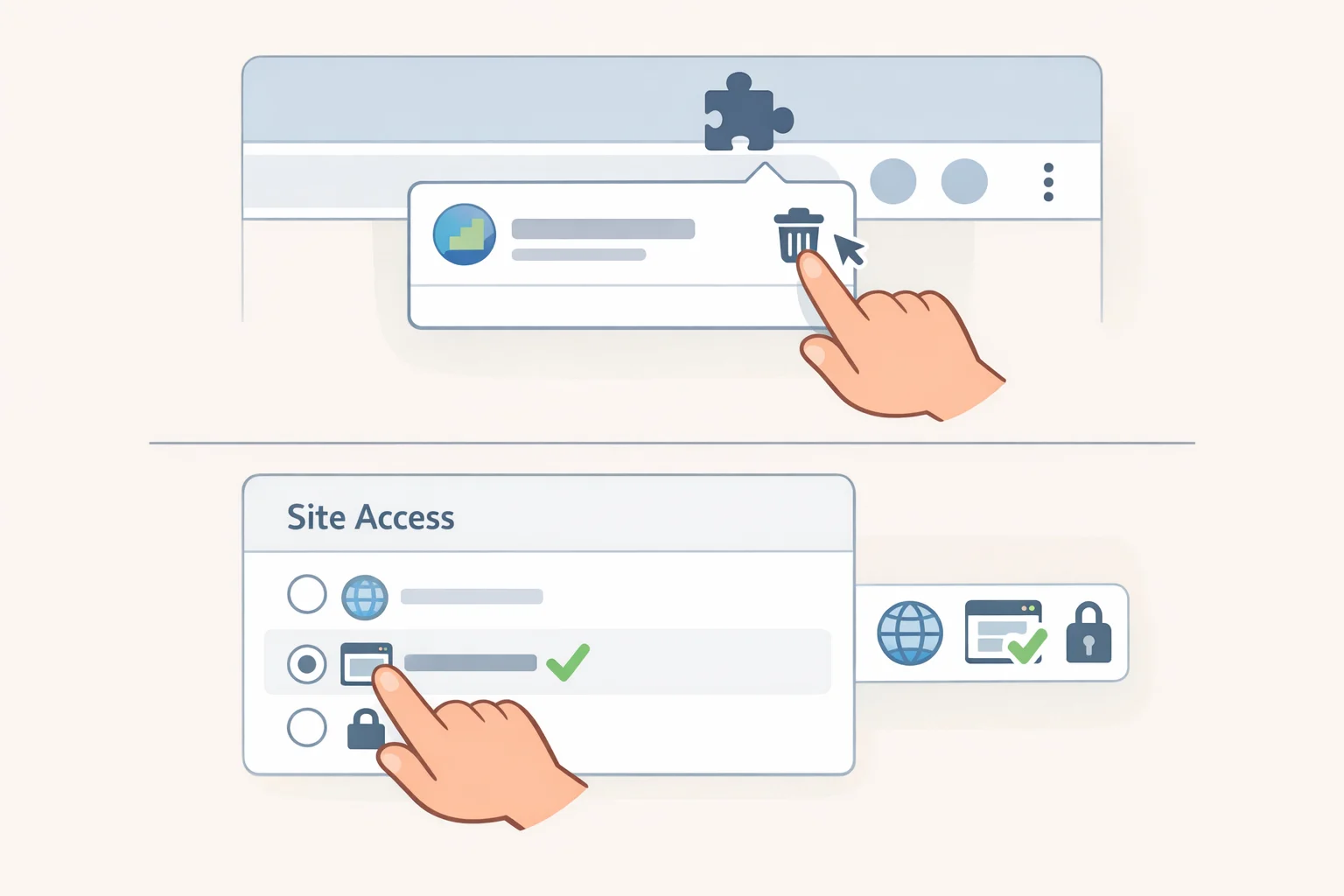 Illustration of chrome://extensions where an uninstall-now extension is clicked for Remove and a borderline extension has its Site access changed from 'On all sites' to 'On click'