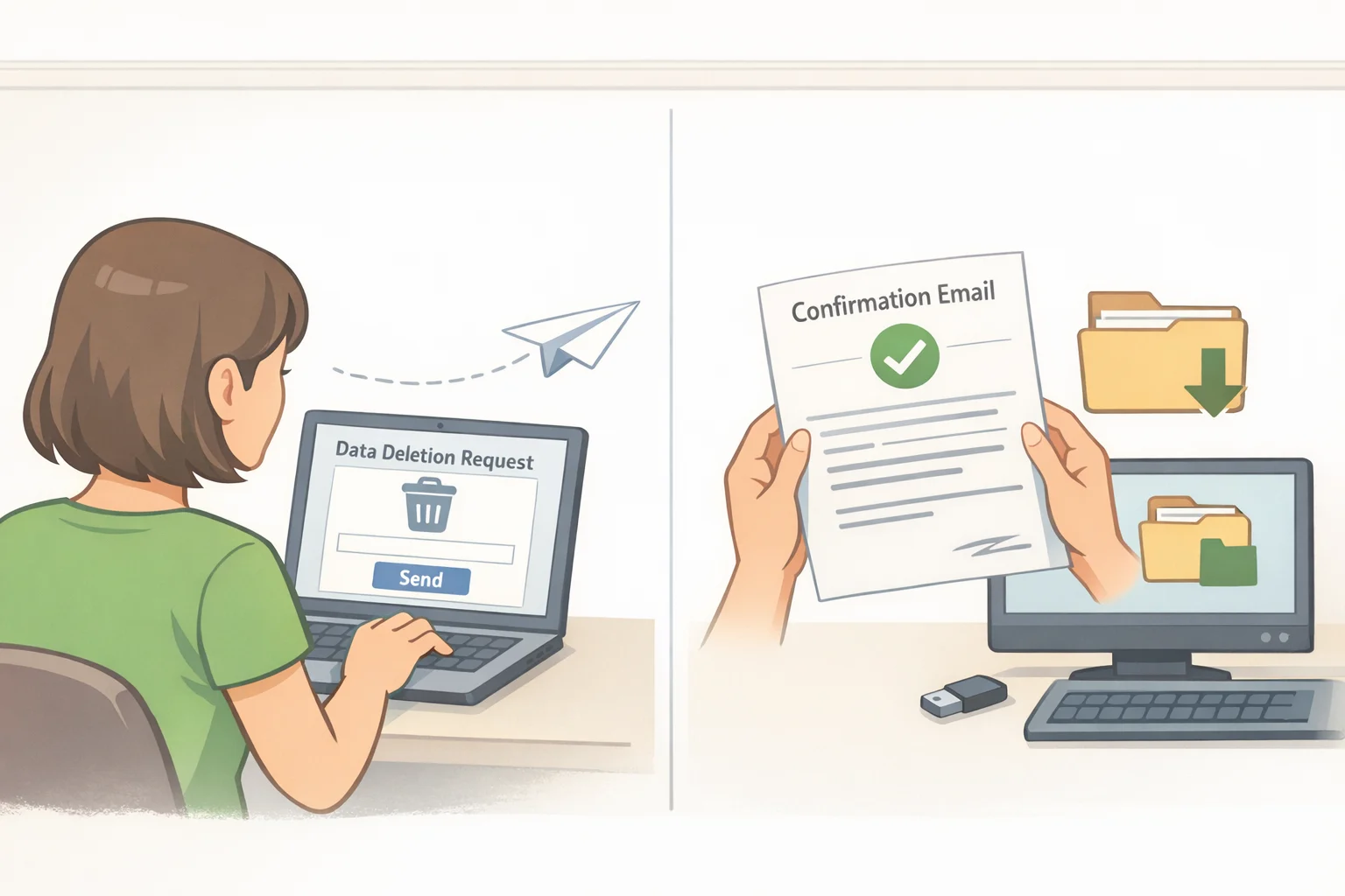 Illustration of an in-app privacy request form where a user submits a deletion request and downloads/saves the confirmation message for their records