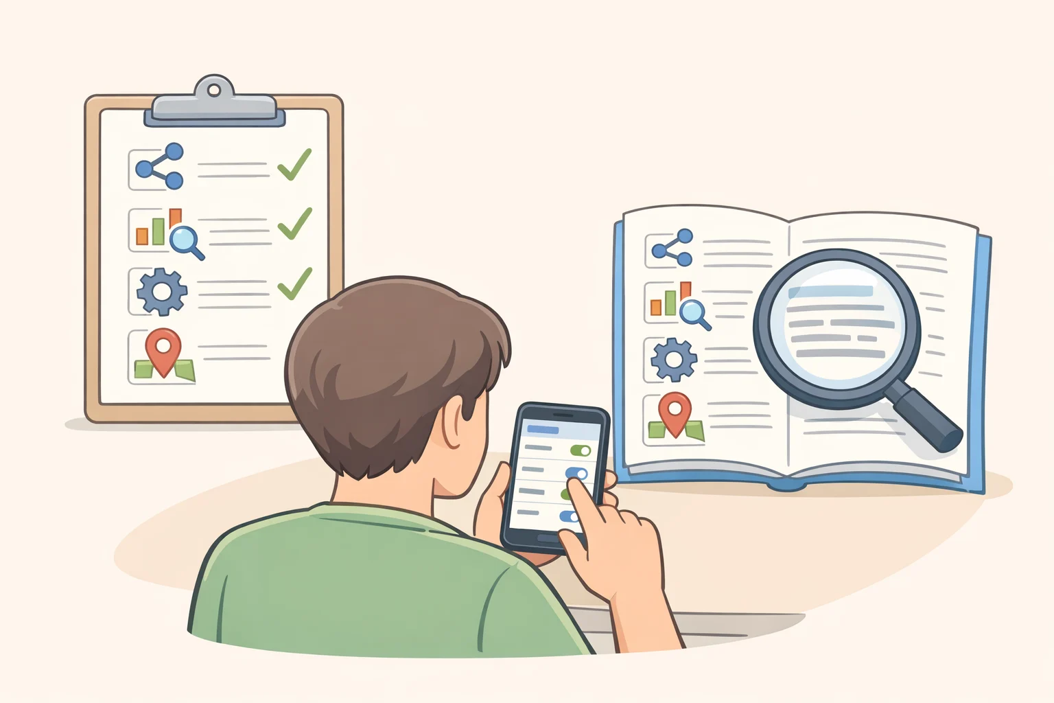 Illustration of a phone and a privacy policy document with highlighted keywords like share, analytics, SDK, and location while a user notes connected services