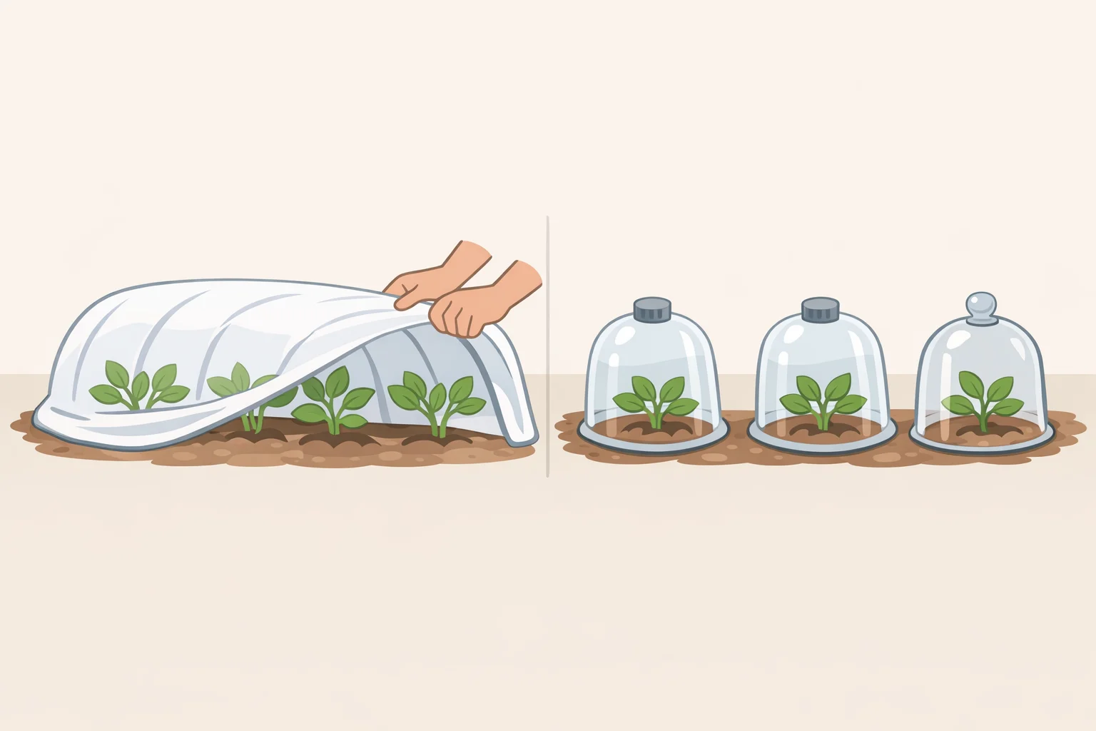 Illustration of a gardener covering frost-tender vegetables ahead of a mild frost warning to buy back growing days after the frost-date calculation
