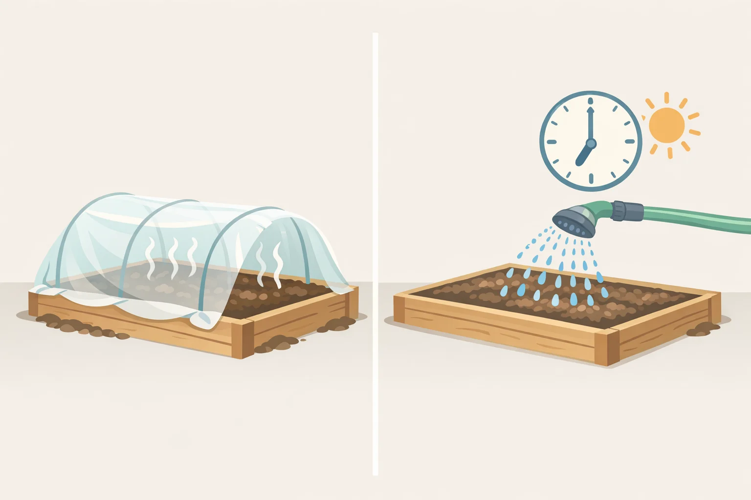 Garden scene illustrating an August seedbed where soil moisture is maintained and row covers or vermiculite are used to protect seeds from heat-driven poor germination