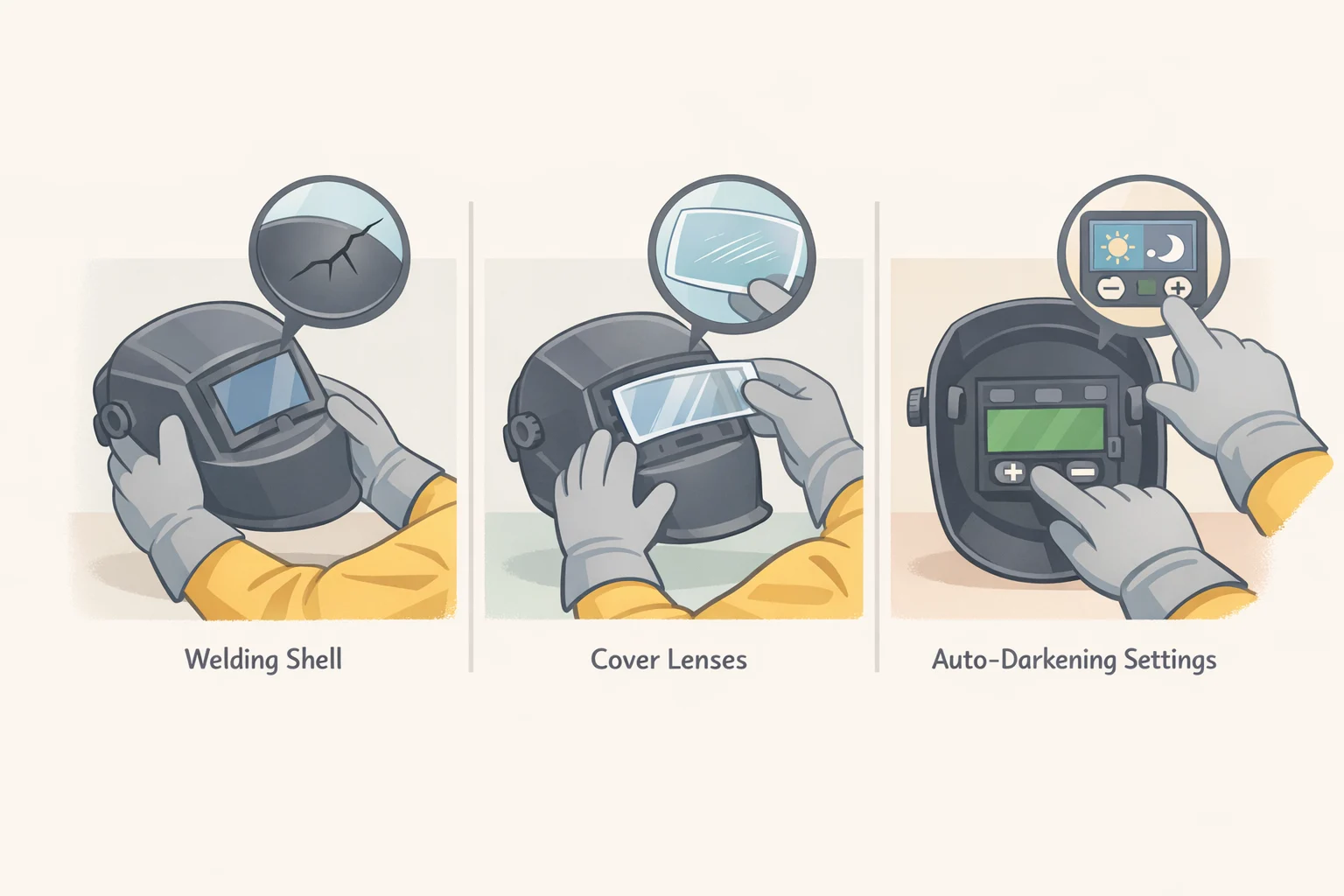 Pre-use inspection visual checklist for a welding helmet showing shell crack check, cover lens pitting/haze inspection, and verification of auto-darkening mode and selected shade