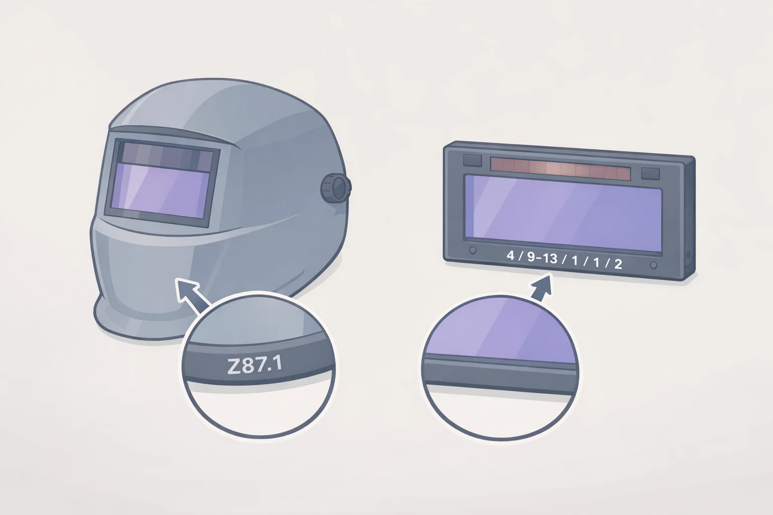 Annotated welding helmet label indicating ANSI Z87.1 marking and EN 379 optical class values (optical class, light diffusion, shade uniformity, angular dependence)