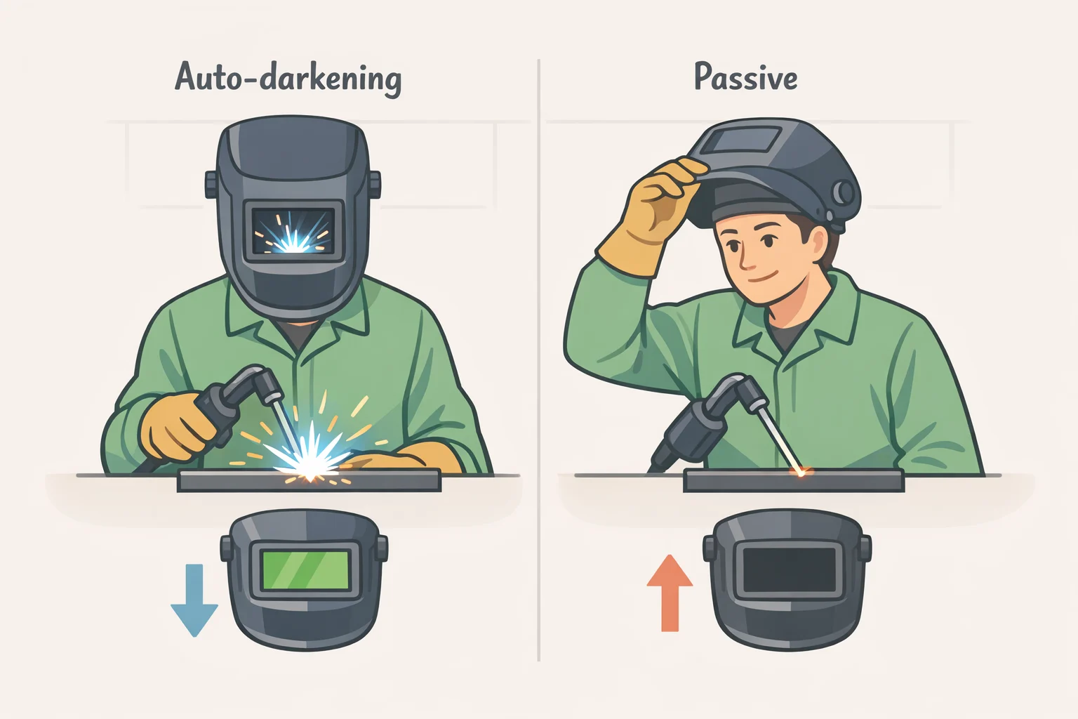 Side-by-side diagram of an auto-darkening welding helmet staying down while the lens switches on arc start versus a passive helmet requiring lifting before each weld