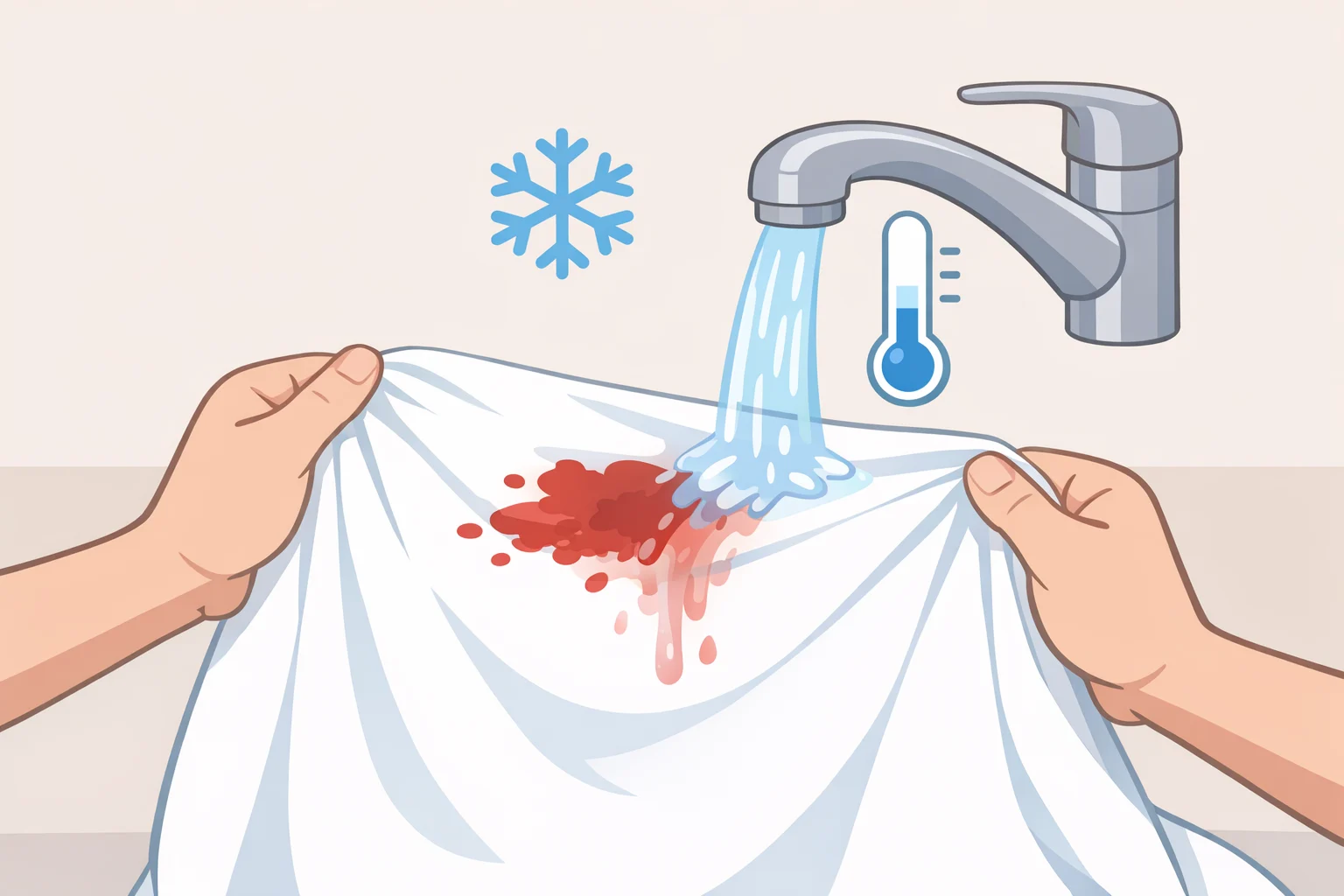 A step illustration showing a hand rinsing a fresh blood stain on white sheets with cold water to avoid setting the protein stain (how to get blood out of sheets, cold-water first rule)