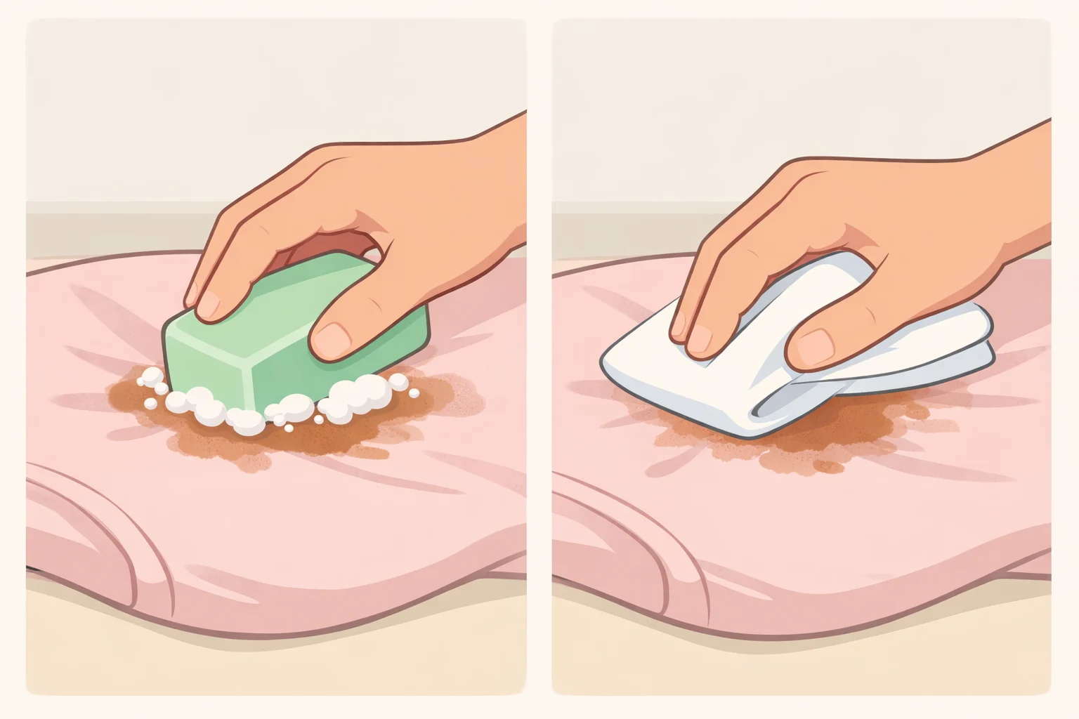 Close-up illustration of applying bar soap by hand to a fresh blood stain on fabric, gently massaging with fingers, then blotting with a sponge instead of scrubbing