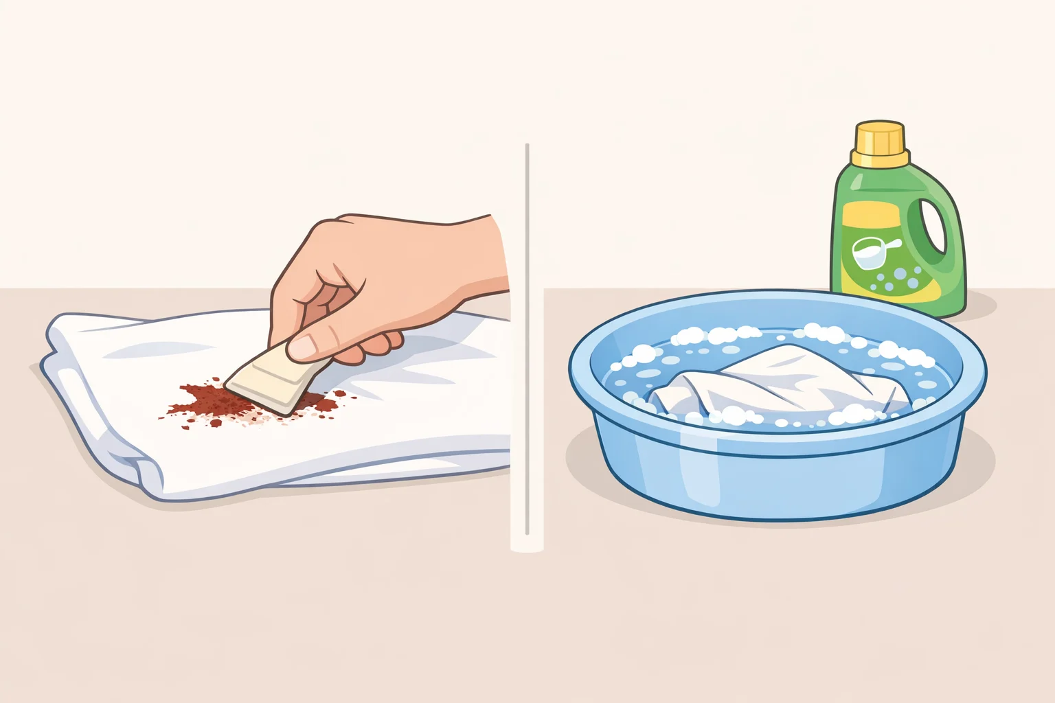 Illustration of scraping dried blood off a sheet, then placing the fabric into a basin of cold water with an enzyme-containing detergent for an overnight soak