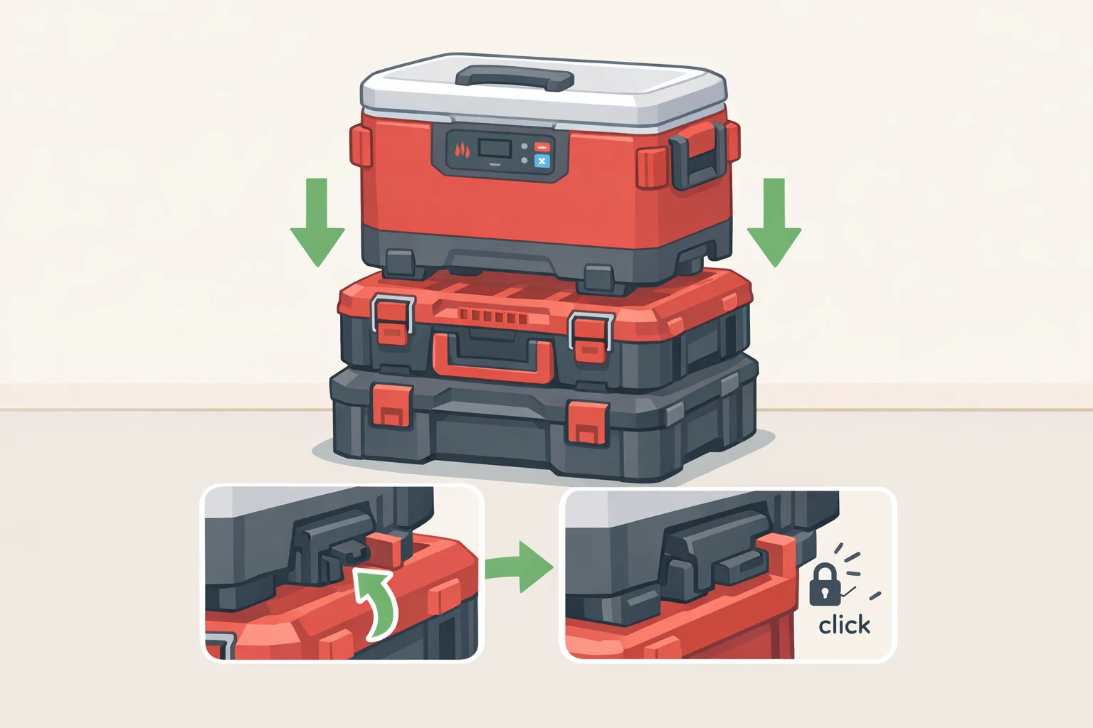 Illustration of the Milwaukee M18 lunch warmer (model 0811-20) clipped into a Packout modular storage system