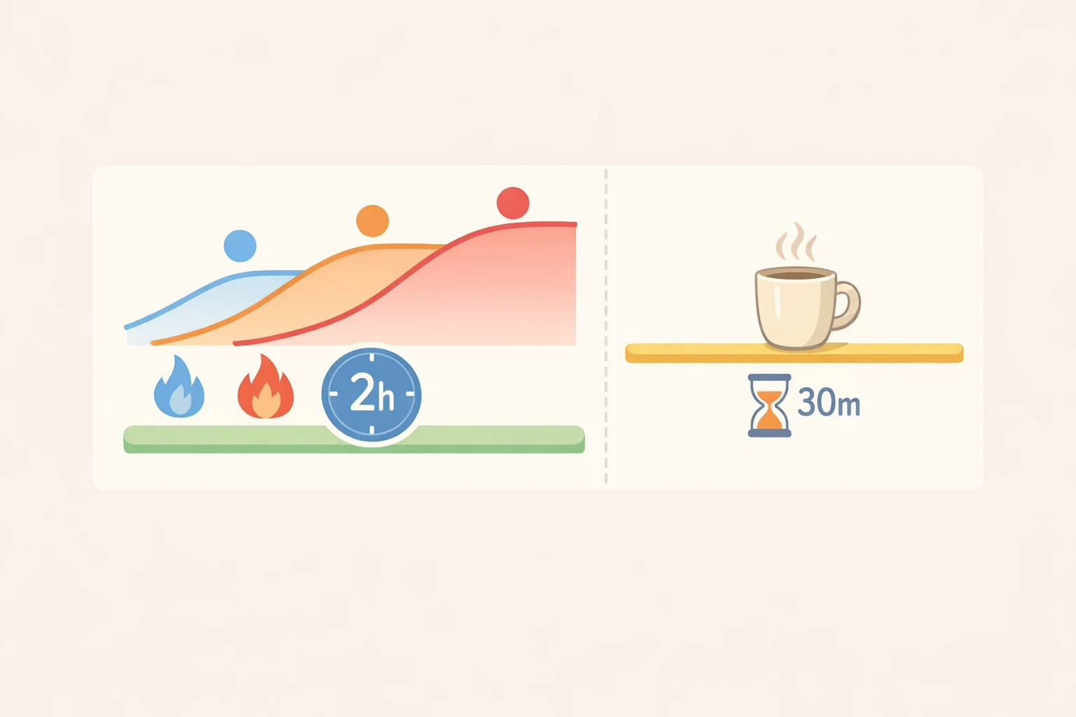 Illustration of the Milwaukee M18 lunch warmer cycle timeline with three heat settings, a fixed two-hour heating period, and a 30-minute keep-warm window