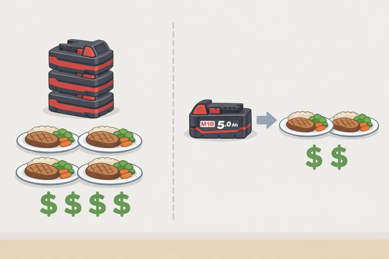 Illustration comparing meal coverage scenarios for an M18 5Ah battery powering a Packout-compatible lunch warmer, including effective cost differences when batteries are already owned