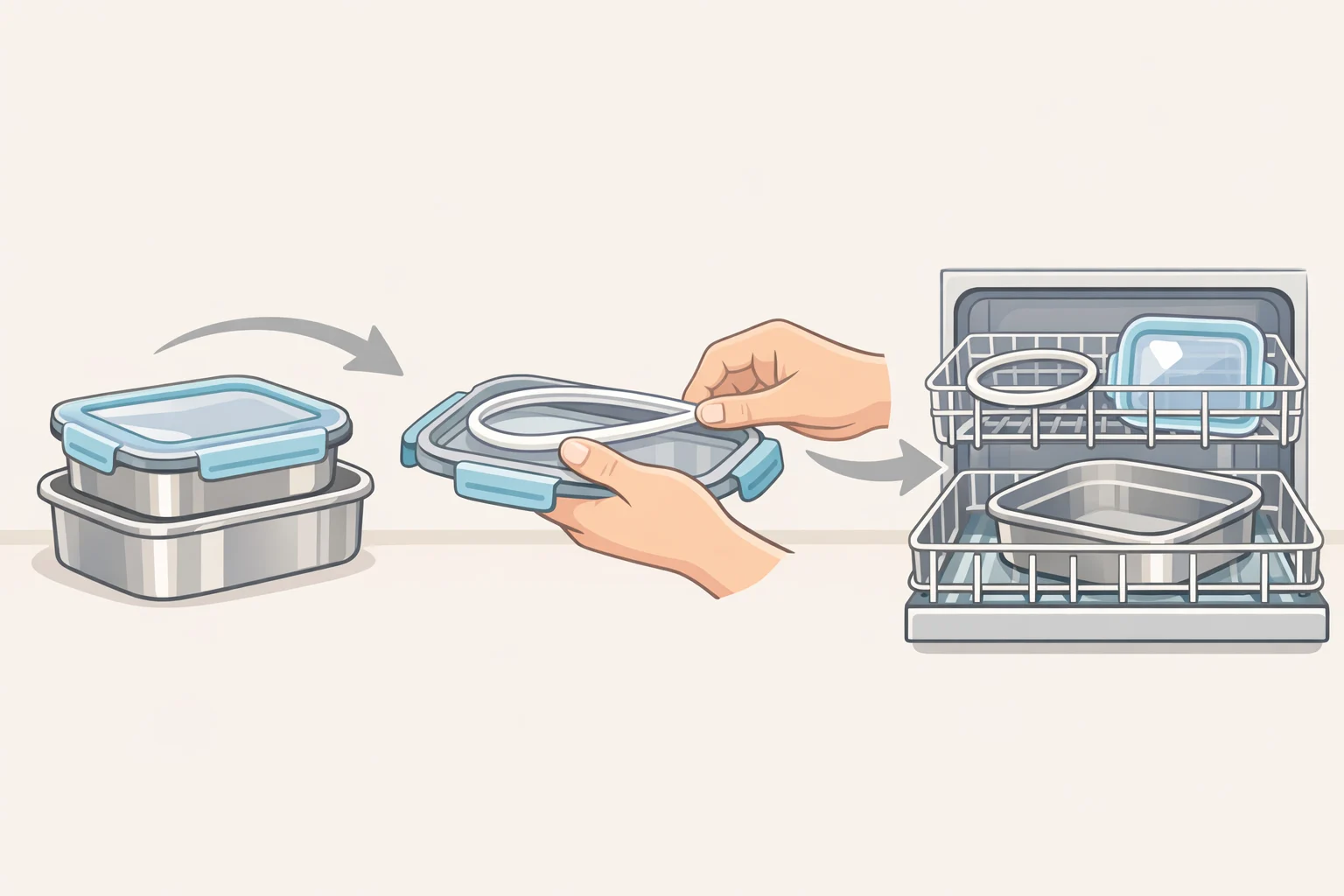 Illustration of two stainless-steel containers for the Milwaukee jobsite lunch warmer with a leakproof lid and the rubber gasket seal removed for dishwasher-safe cleaning
