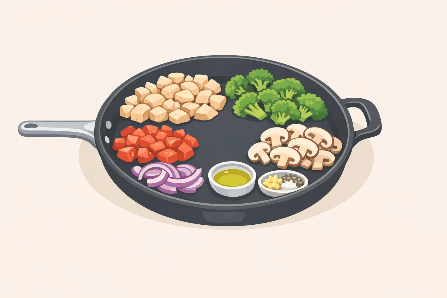 Ingredients layout for a chicken margherita recipe: pesto, low-moisture shredded mozzarella, ripe tomatoes, olive oil, balsamic glaze, and torn basil beside a 12-inch oven-safe skillet