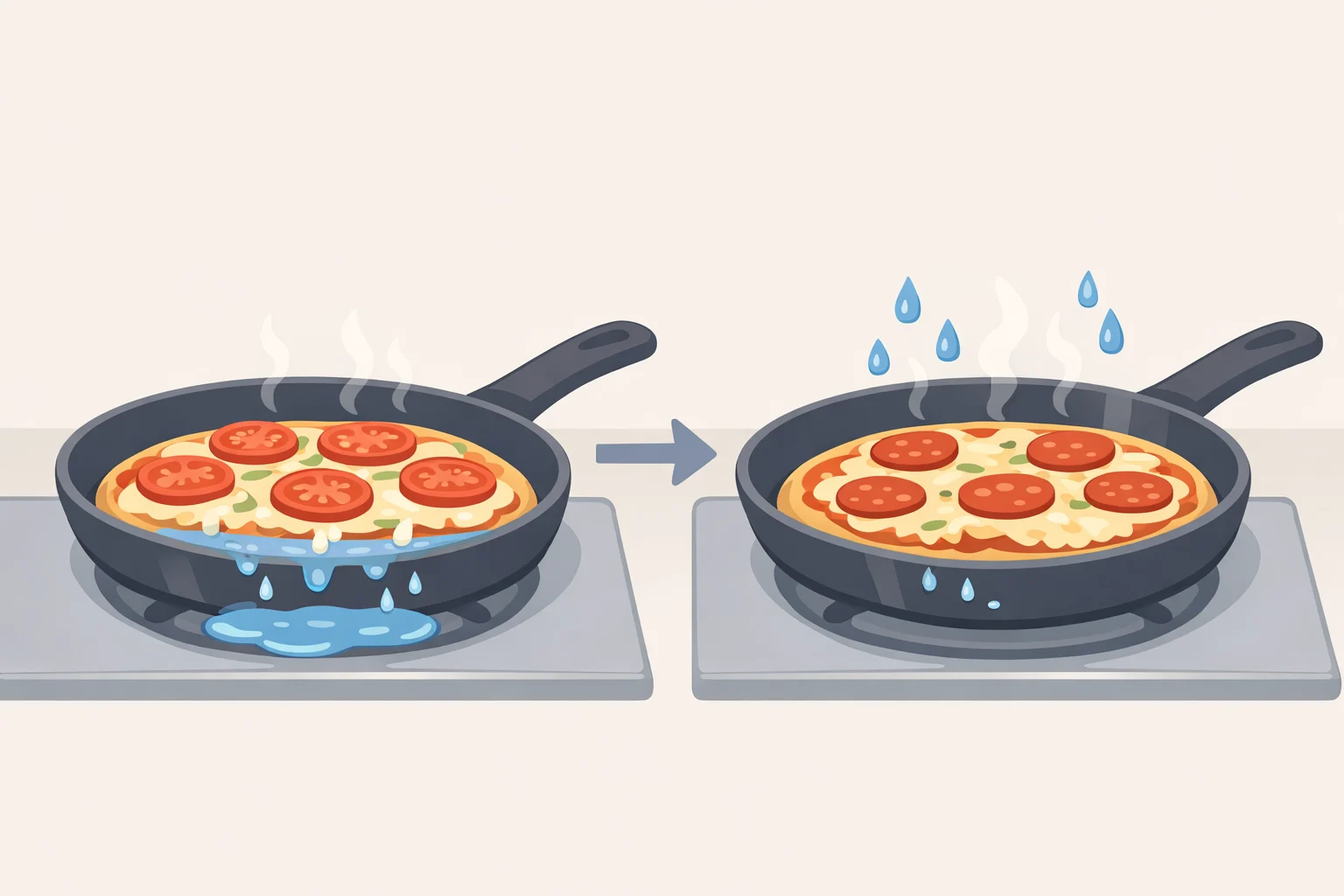 Skillet scene comparing expected tomato juices to excess pooling when fresh mozzarella isn’t drained and sliced properly for a chicken margherita recipe