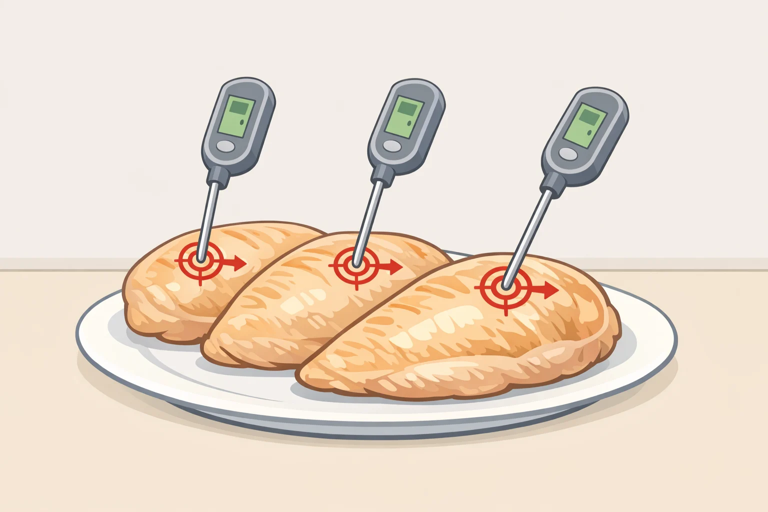 Instant-read thermometer checking the thickest part of a chicken breast to reach 165°F for the chicken margherita recipe, helping avoid relying on color