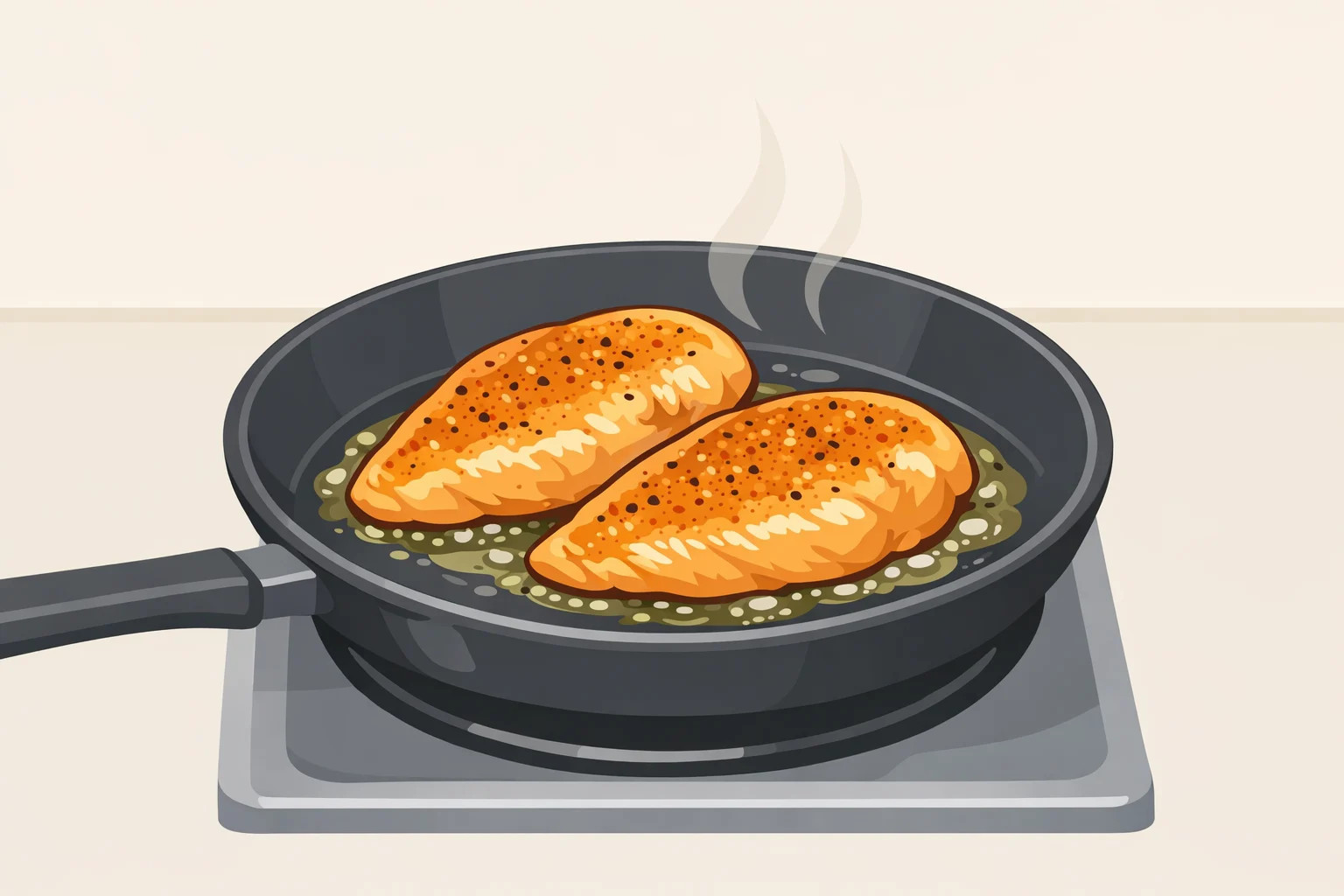 Close-up of seasoned chicken breasts browning in a skillet with shimmering olive oil as part of an easy chicken margherita recipe