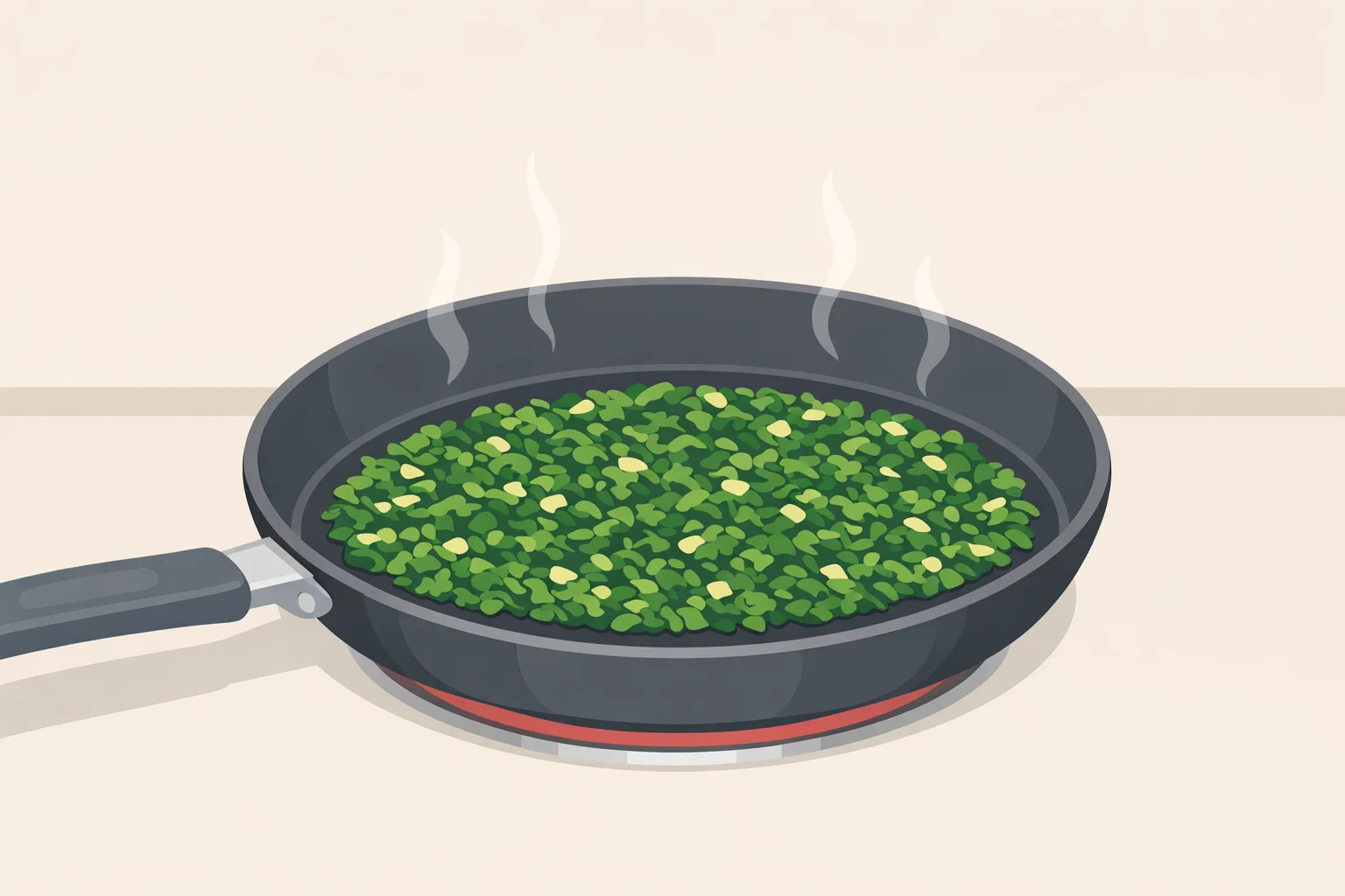 Illustration of how to dry spinach for spanakopita: the spinach mixture cooked until no liquid pools when pushed aside, indicating it's dry enough to keep the bottom crisp