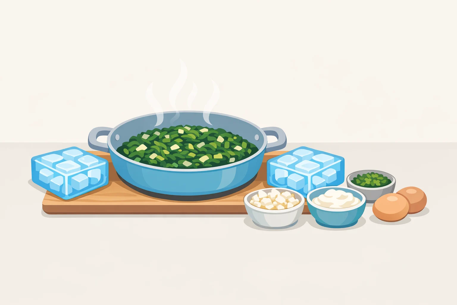 Illustration of a bowl of dried spinach mixture cooling before eggs are folded in to prevent cooking on contact