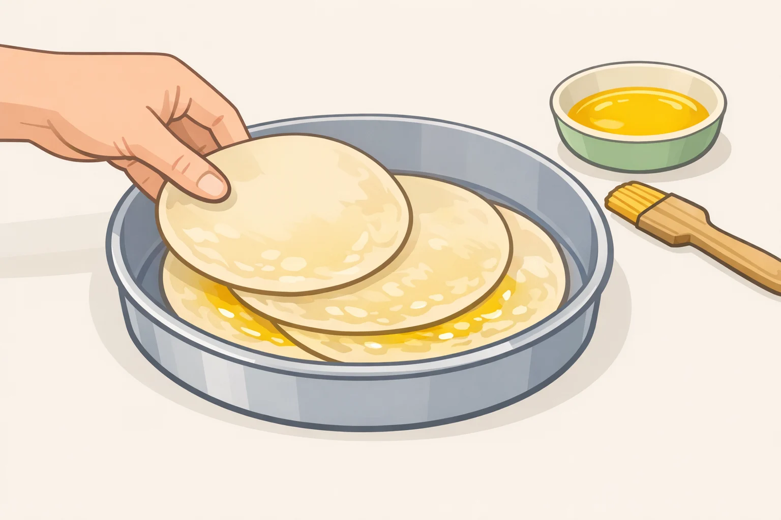 Illustration of overlapping five bottom dough discs in a pan, brushed with melted butter, then topped with three more discs to prevent a soggy bottom