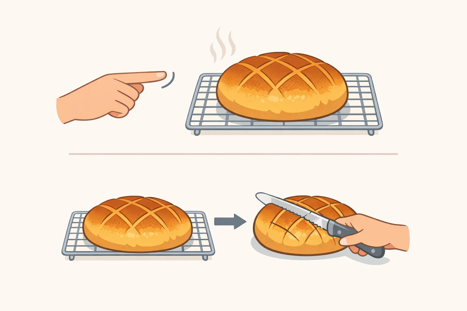 Illustration of a fully baked spanakopita with a deeply golden, crisp top, then resting and cutting along the scored guide lines