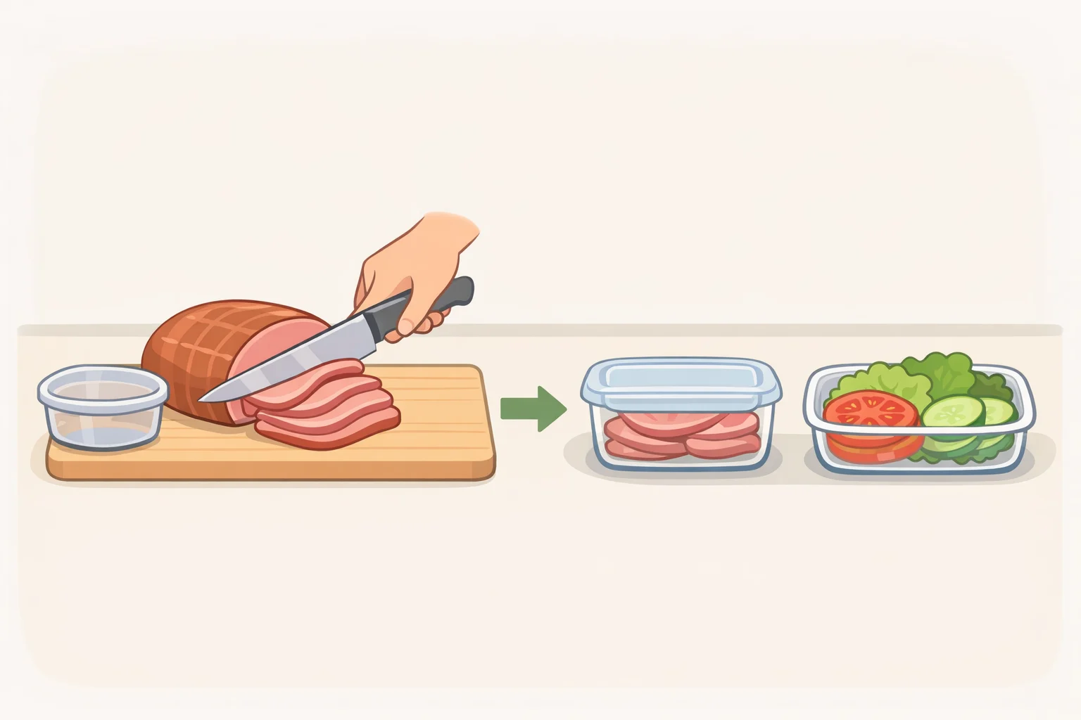 Home kitchen scene of a cook using a food thermometer to verify doneness, then portioning meat for lunch while keeping bread, lettuce, and condiments separate